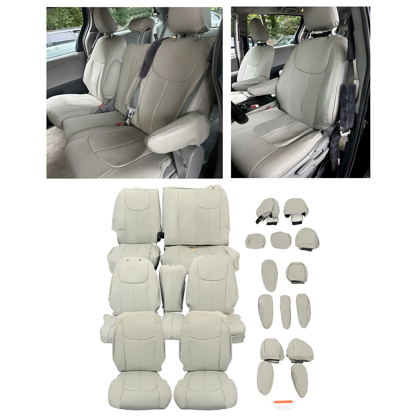 Kojem Gray Car Seat Covers for 2015-2018 Toyota Sienna 8-Passenger - Full Set 3-Row Artificial Leather Seat Protectors | Perfect for Family Road Trips & Daily Commutes