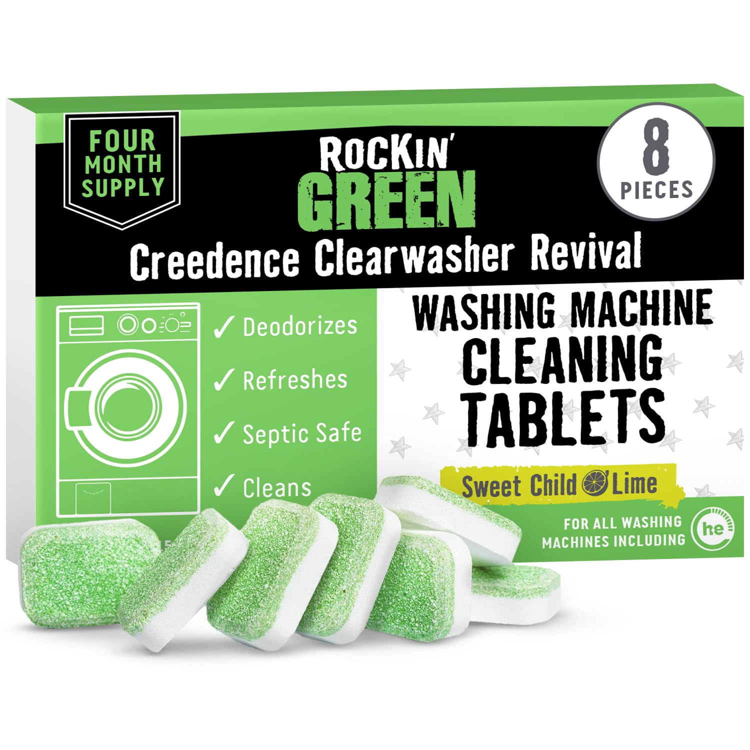 Rockin' Green Washing Machine Cleaner Tablets (8 Count) - Deep Cleaning & Deodorizing Washer Cleaner for All Machines - Eliminates Residue & Mold - 4 Month Supply - Perfect for HE, Front Load & Top Load Washers - Use Monthly for Fresh, Odor-Free Laundry