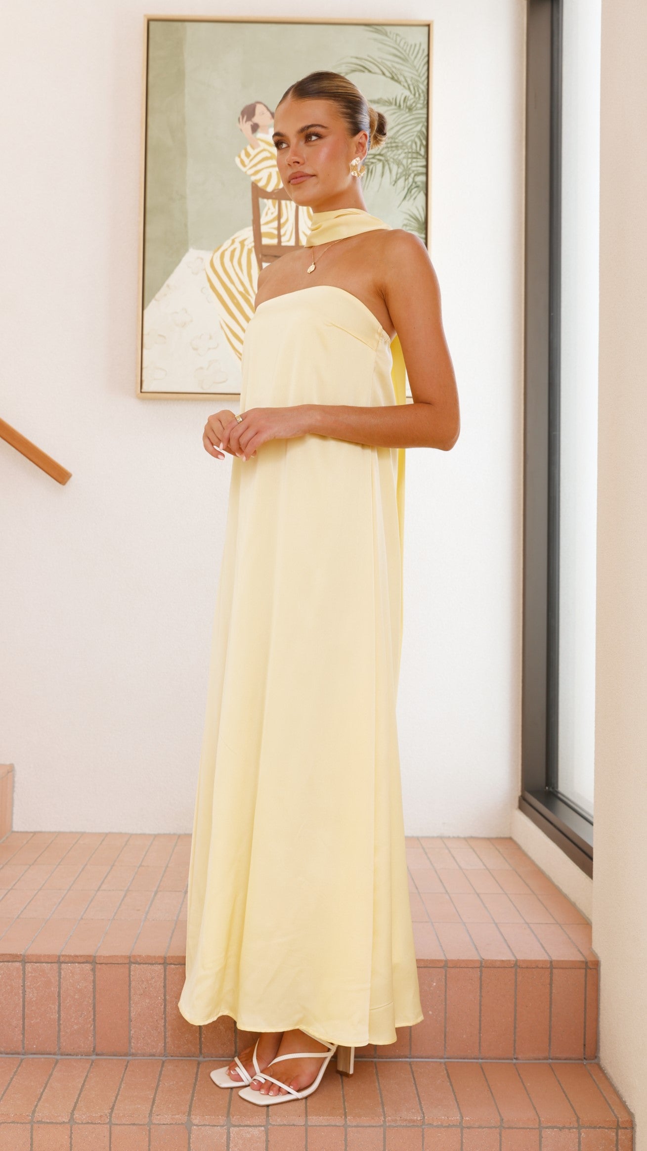 Strapless Scarf Maxi Dress in Yellow - Elegant Summer Beach Wedding Party Dress for Women
