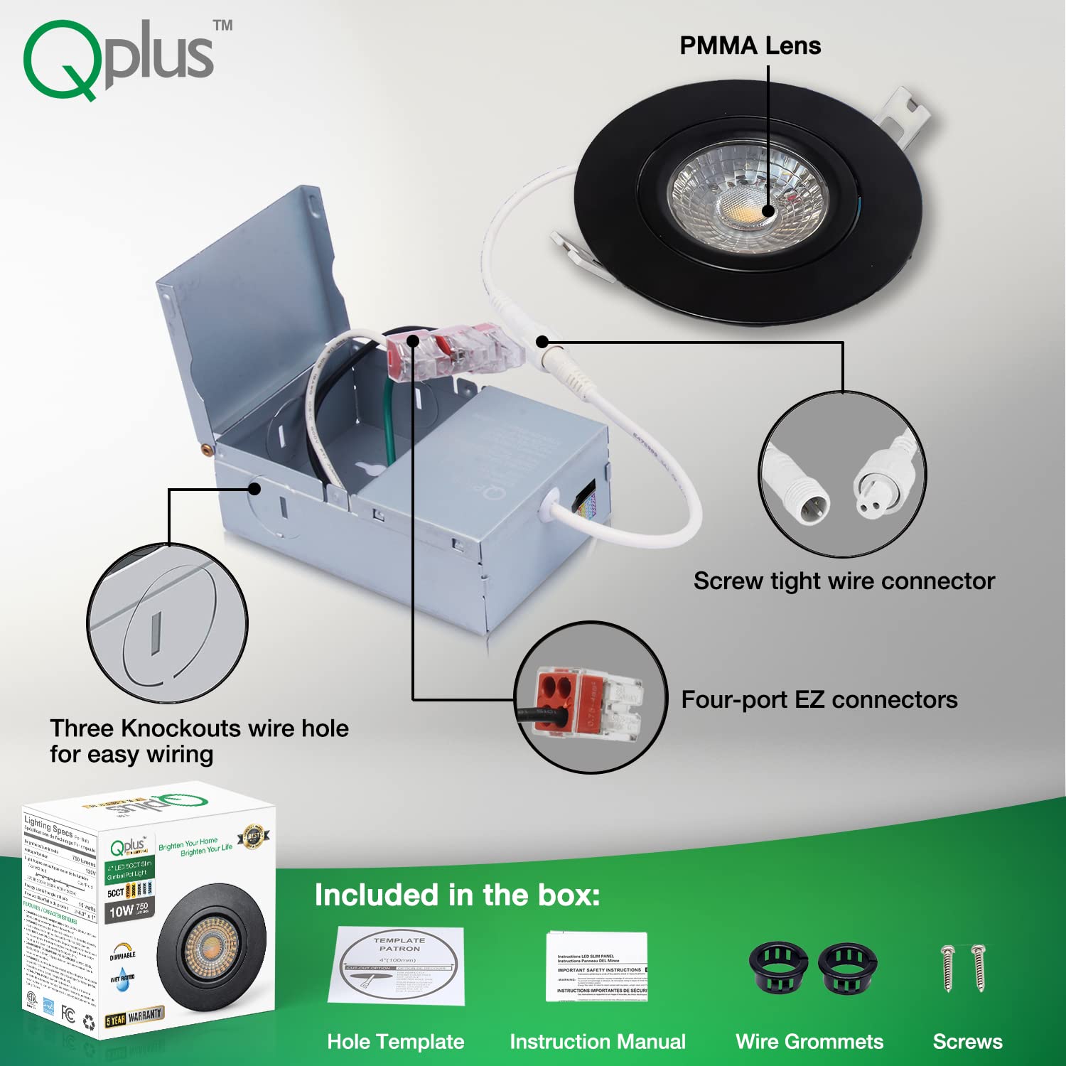 QPLUS 4 Inch Dimmable Recessed LED Pot Lights - 8 Pack Waterproof Black Downlights for Outdoor, Shower & Wet Locations - Energy Saving Can Lights Perfect for Patio, Garden & Bathroom Lighting