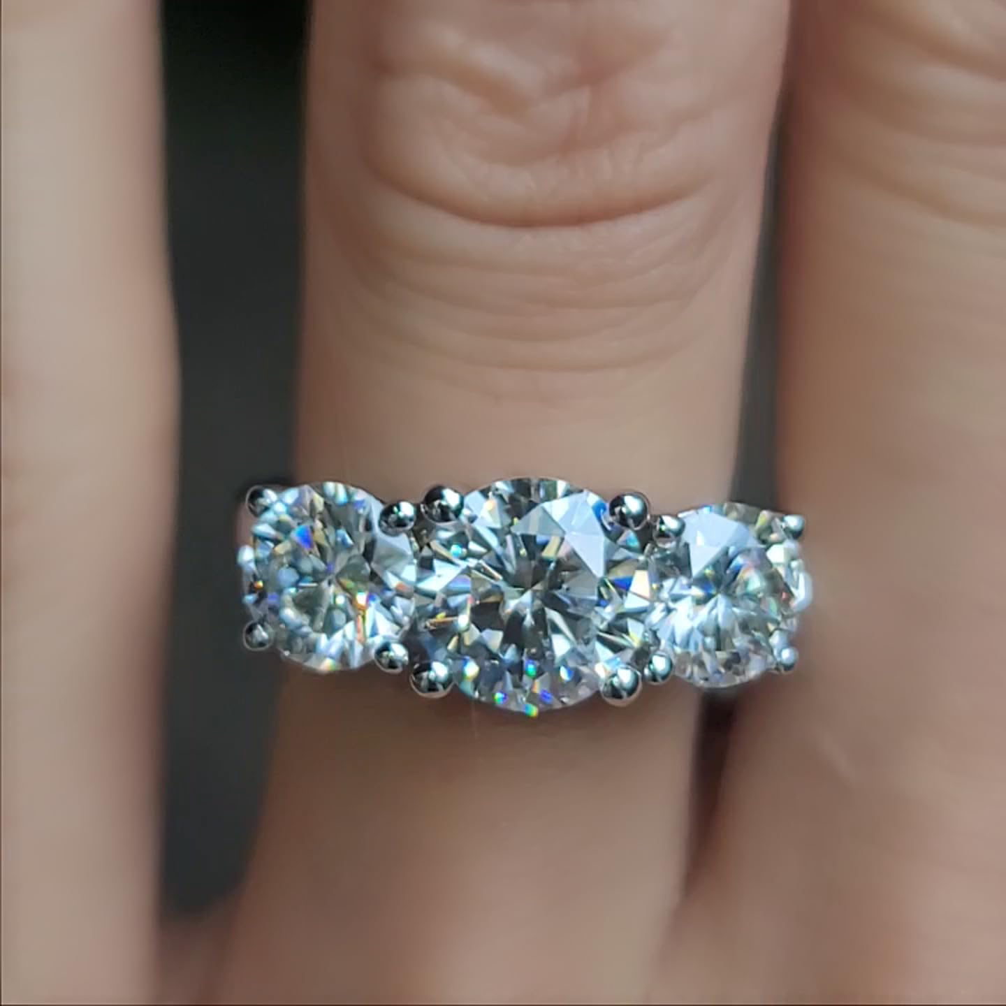 DovEggs 3 Stone Moissanite Engagement Ring for Women - 4ct Center (6.5mm-8mm-6.5mm) GHI Color H&A Cut Wedding Band, 14K Gold or Sterling Silver - Perfect for Proposals, Anniversaries & Special Occasions