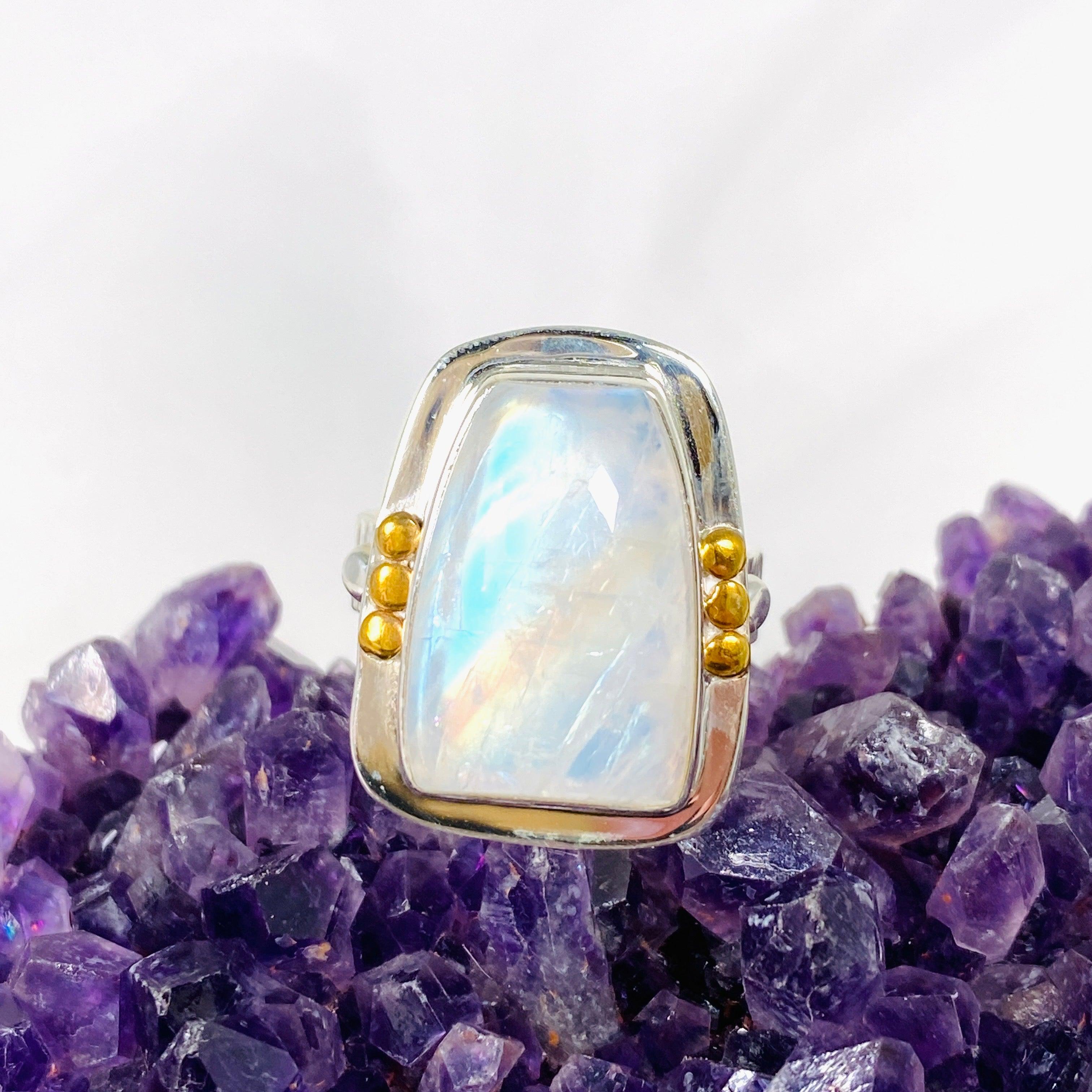 Moonstone Freeform Ring with Brass Detailing - Size 10 - KRGJ3035 - Boho Chic Jewelry for Women, Perfect for Everyday Wear & Special Occasions