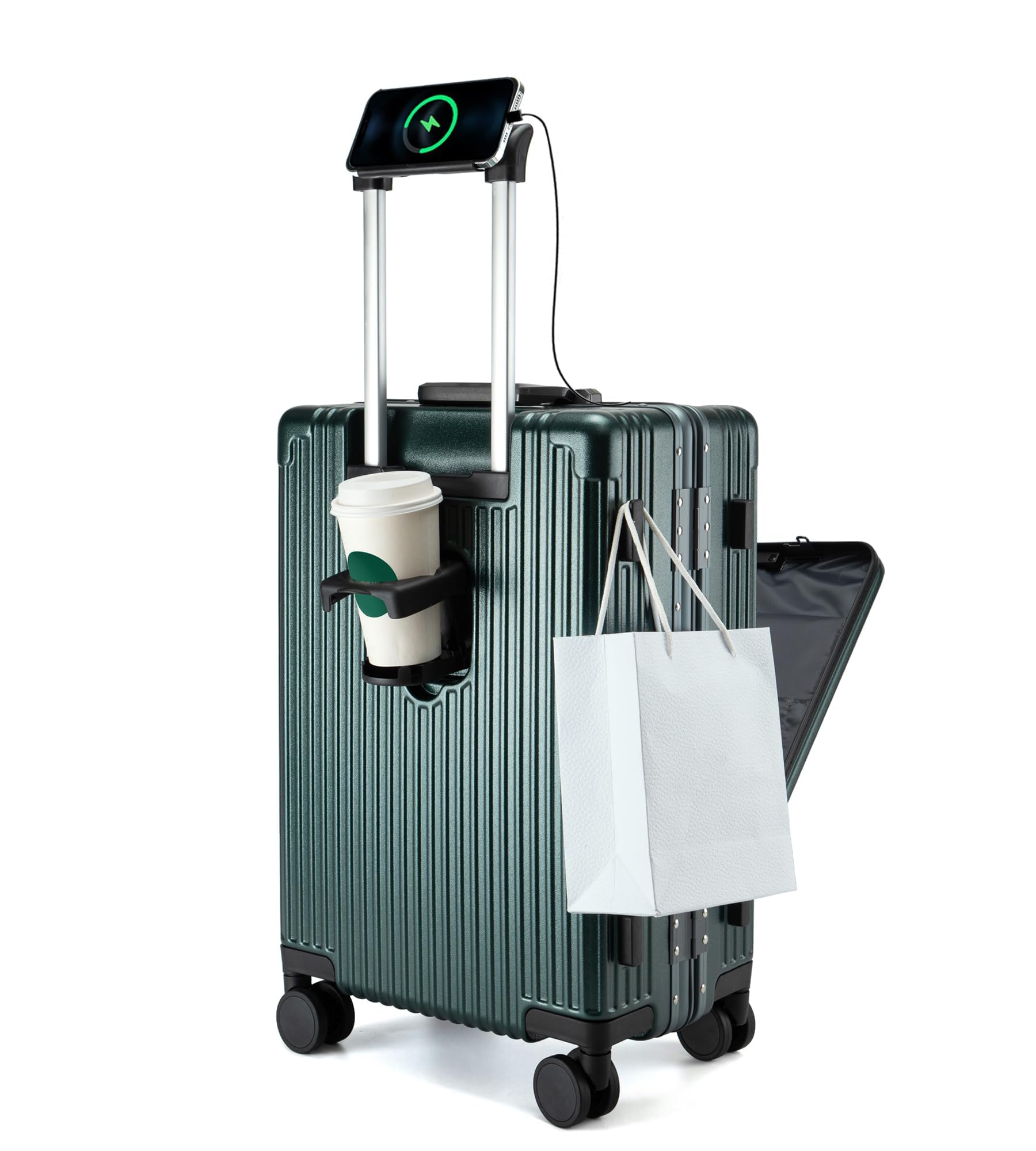 Feilario 20-Inch Aluminum Frame Hardside Spinner Wheel Carry-On Luggage with TSA Lock, USB Charging Port, Cup Holder & Phone Holder - Perfect for Business Travel, Weekend Getaways & Airplane Cabins