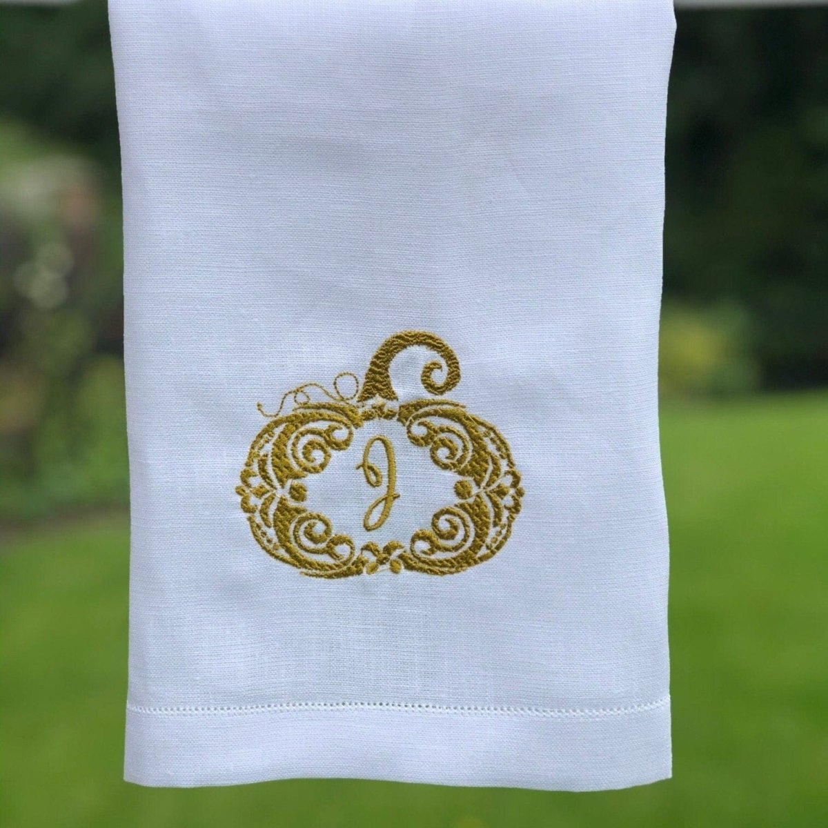 Personalized Monogram White Linen Pumpkin Towel - Perfect for Fall Decor, Thanksgiving Table Setting & Autumn Home Accents