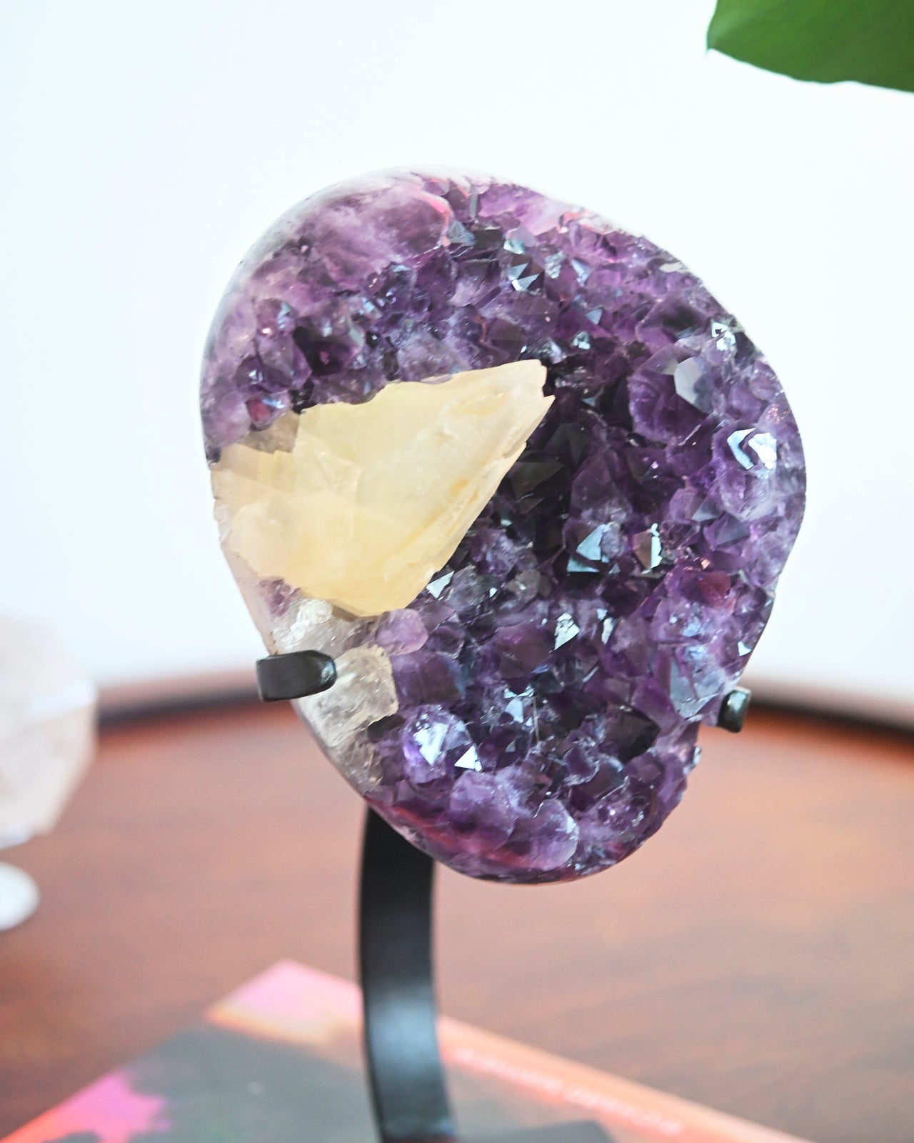 Natural Amethyst with Calcite Geode on Wooden Stand - 8.8 lbs Healing Crystal for Home Decor, Meditation & Spiritual Gifts | Perfect for Living Room, Office & Yoga Space