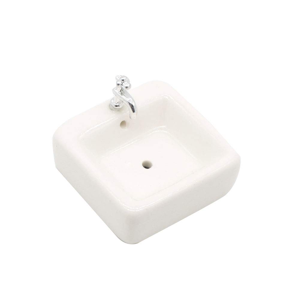 1:12 Scale Miniature Ceramic Dollhouse Bathroom Sink - White Square Wash Basin Model for Dollhouse Accessories | Perfect for Fairy Garden Decor, Miniature Landscapes & DIY Dollhouse Projects