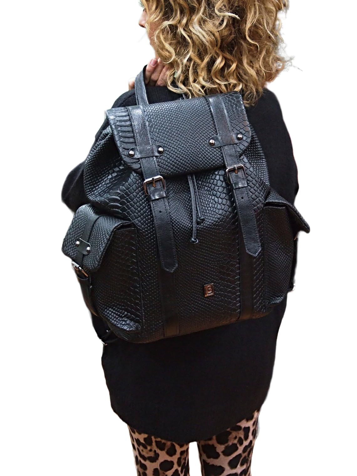 Premium Black Snake Skin Leather Backpack for Women - XL Extra Large Calfskin Backpack - Stylish Everyday Bag - Made in Greece - Perfect for Travel, Work & School