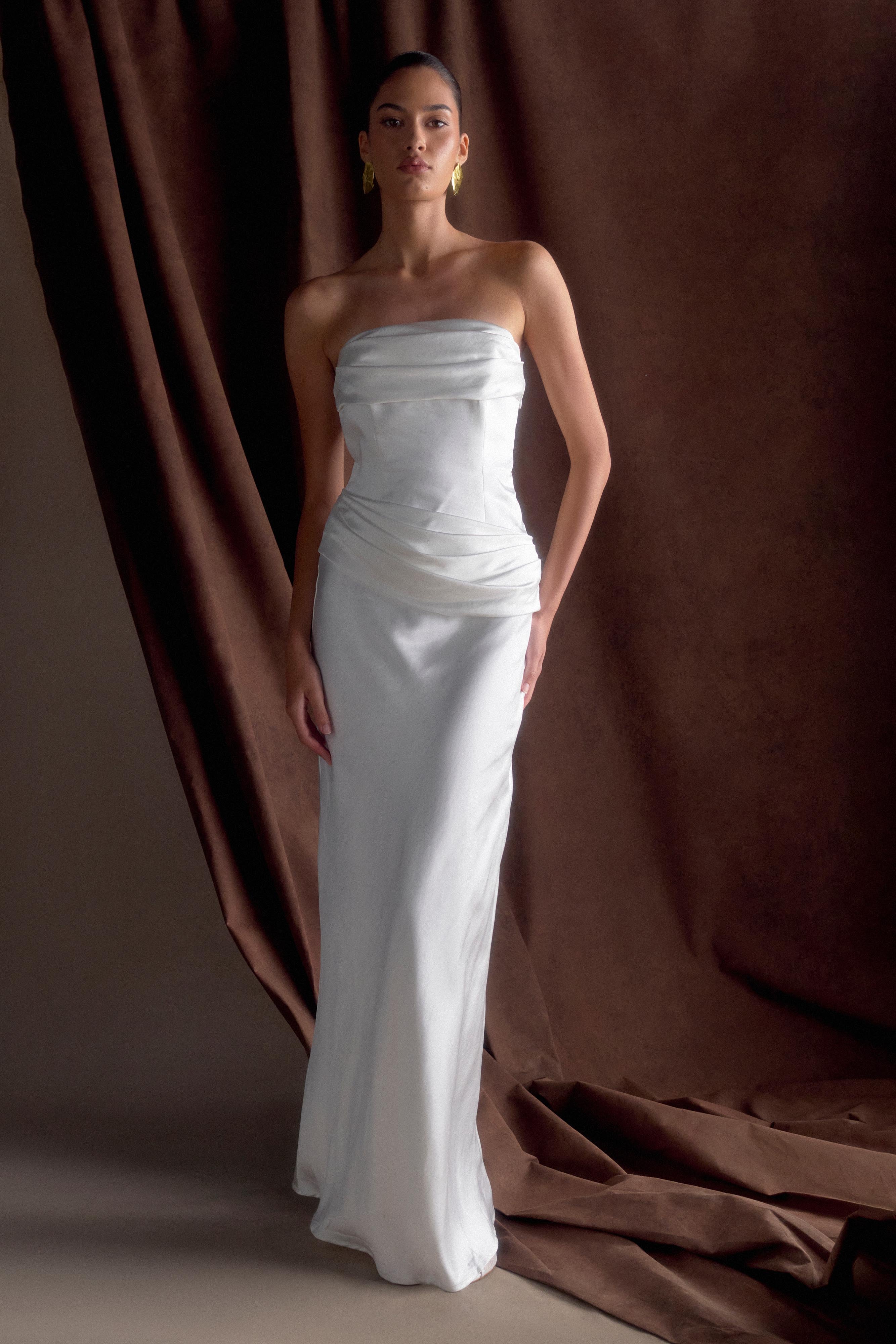 Elegant White Strapless Satin Jasmine Maxi Dress for Women - Perfect for Weddings, Parties & Summer Vacations