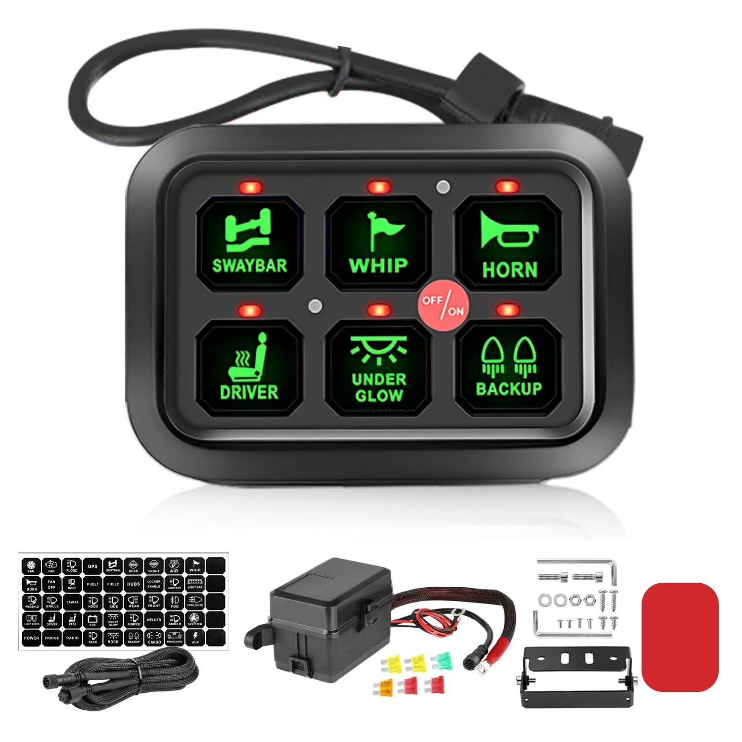 Avenemark 6 Gang Switch Panel - Universal Circuit Control Relay System with Fuse & Wiring Harness - Dimmable ON/OFF LED Switch Pod for Cars, Trucks, Boats, ATV, UTV, SUV - Perfect for Off-Roading, Marine & Vehicle Customization