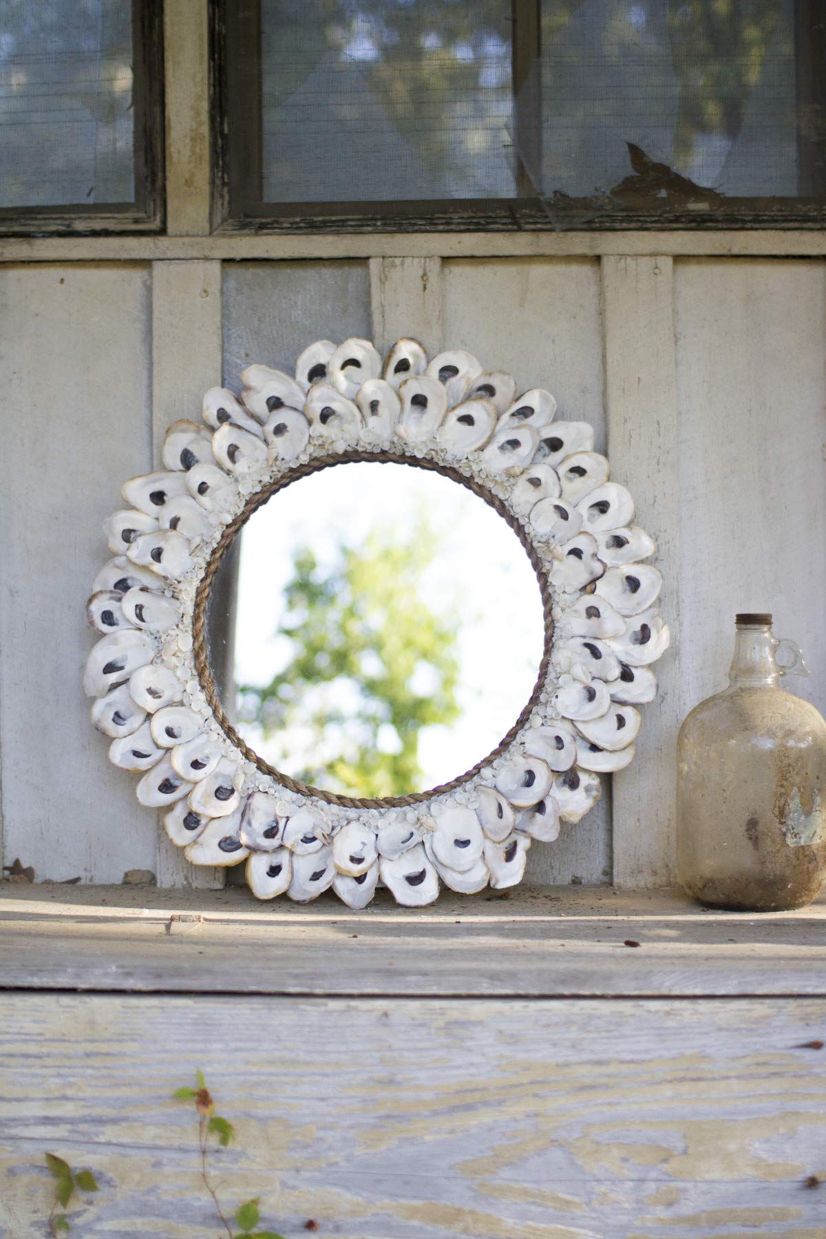 Kalalou Large Round Oyster Shell Mirror - 24 Inch Coastal Decor for Bathroom, Bedroom & Beach House - Cream White Natural Seashell Wall Mirror - Boho Home Decor for Coastal Living & Nautical Theme Rooms