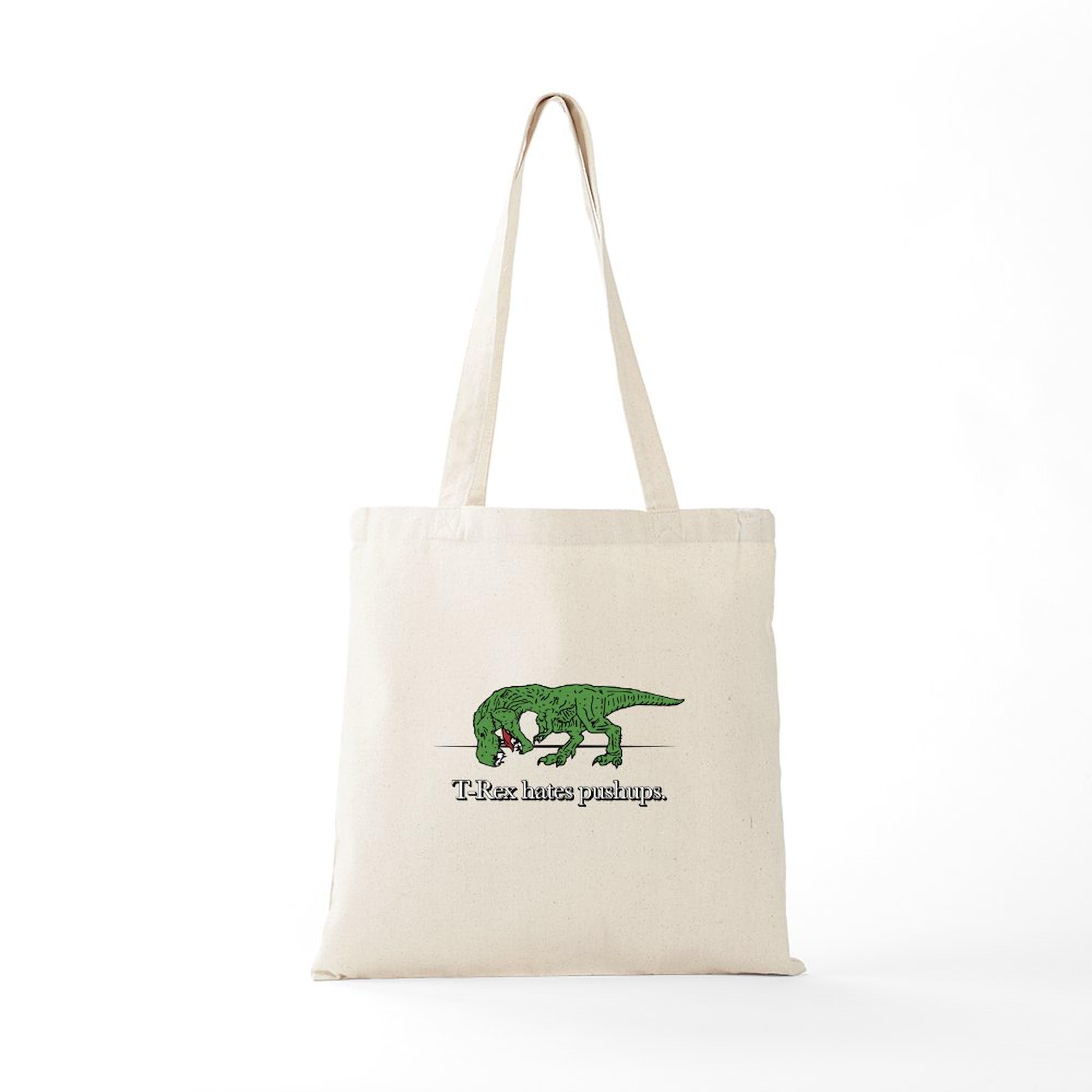 Funny T-Rex Hates Pushups Canvas Tote Bag - Reusable Natural Shopping Bag for Gym, Work, Groceries & Beach