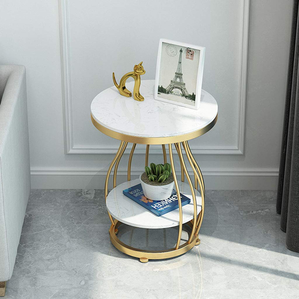 White Marble Coffee Table with Storage Shelf - 2-Tier Modern Side Table for Living Room, Bedroom, Office & Balcony - Elegant Console & End Table with Storage Space for Home Decor & Organization