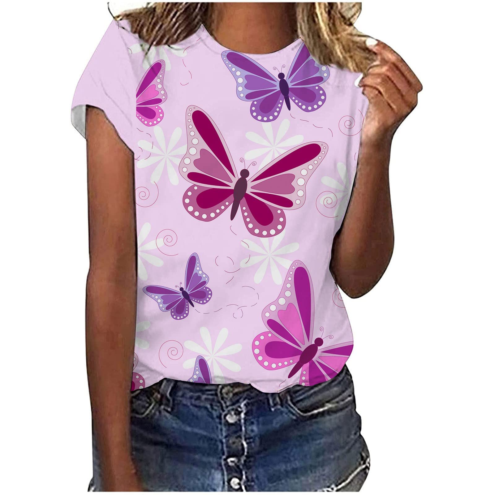 Women's Boho Butterfly Print Short Sleeve T-Shirt - Loose Fit Round Neck Casual Summer Top for Beach, Festival & Everyday Wear