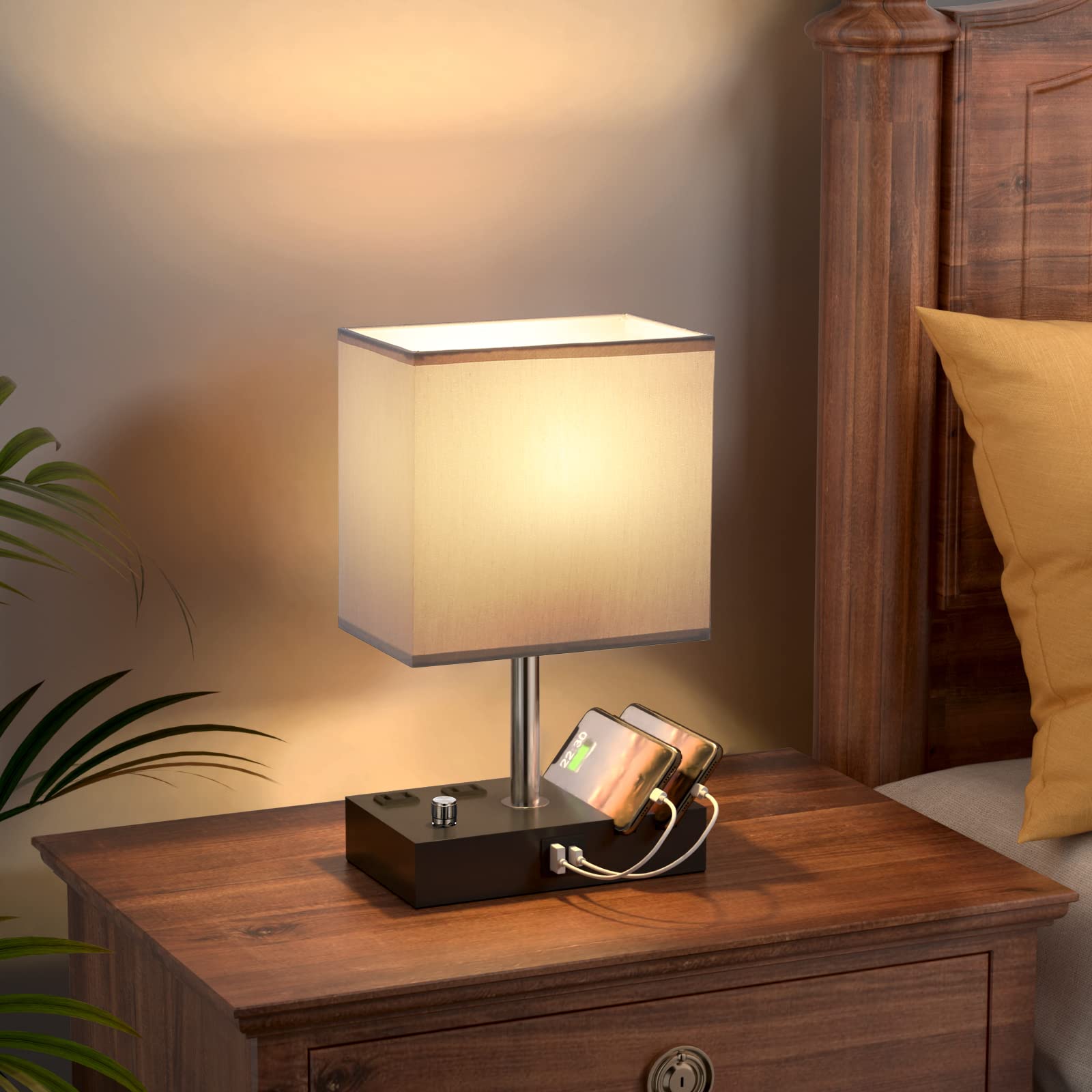 Dimmable Grey Table Lamp with Dual USB Ports & Phone Stand - Bedside & Desk Lamp for Bedroom, Living Room, Nightstand - Includes LED Bulb | Perfect for Reading, Charging Devices & Ambient Lighting