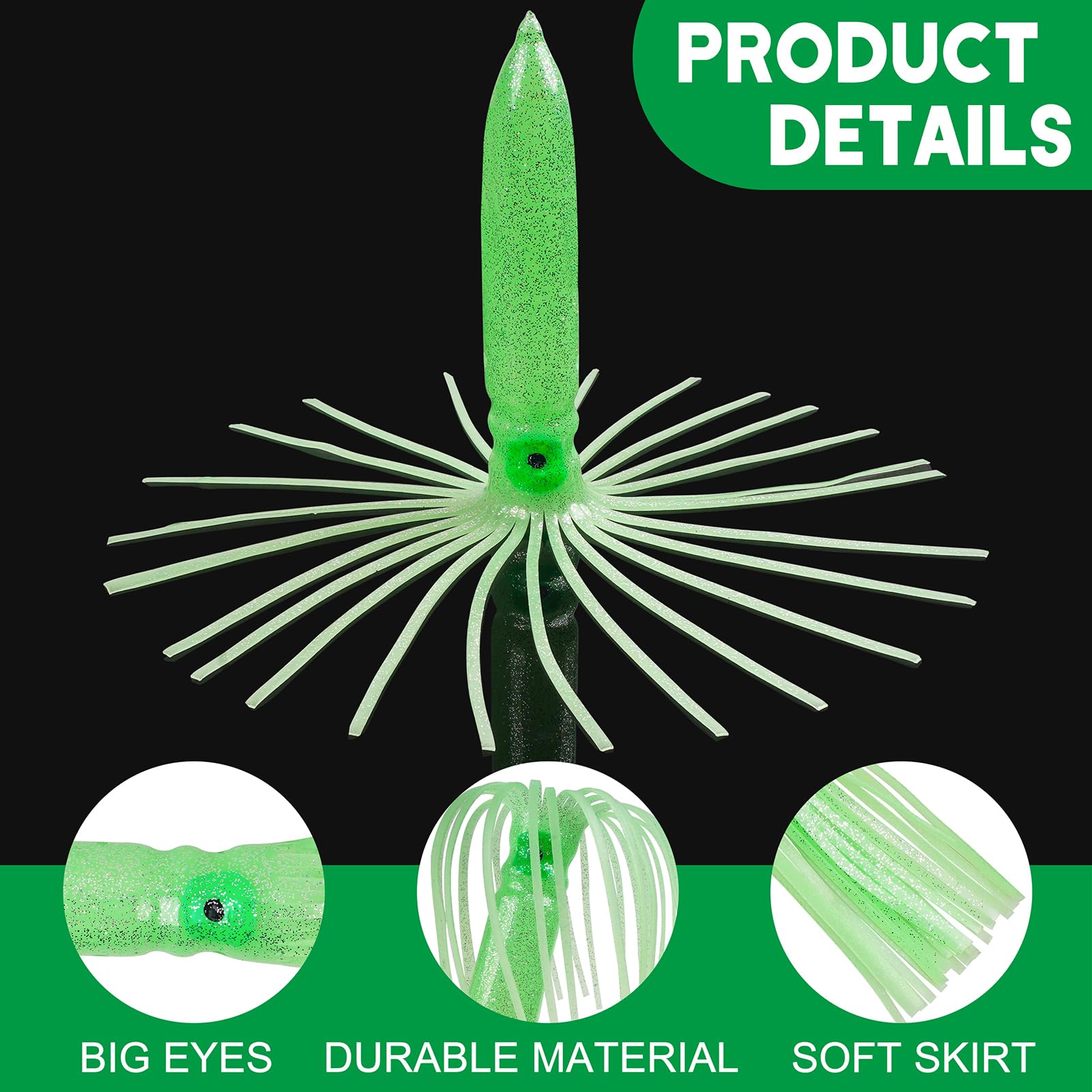 Glow-in-the-Dark Octopus Squid Skirts Fishing Lures - 3/8PCS Saltwater & Freshwater Trolling Lures - Soft Squid Bait for Night Fishing - 11.8