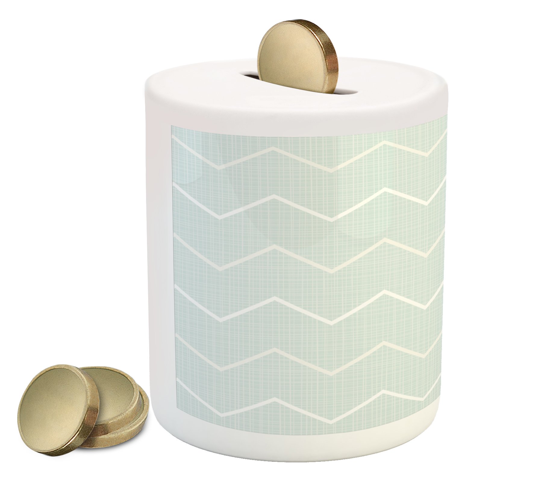 Lunarable Pale Blue Ceramic Piggy Bank - Classic Chevron Zigzag Geometric Design with Thin Stripes - Money Box for Cash Saving (Pale Blue & White) - Perfect for Kids' Savings, Gifts, and Home Decor