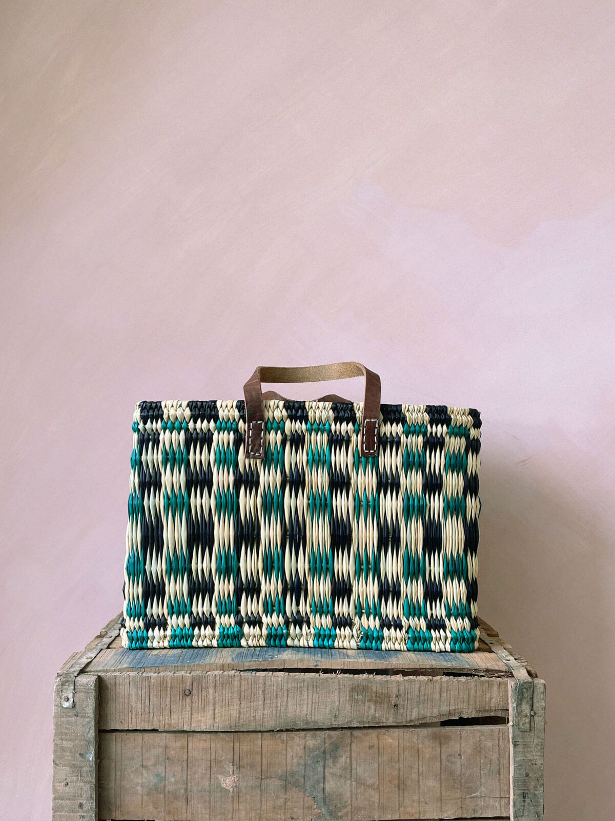 Handwoven Checkered Reed Storage Basket - Indigo & Green - Perfect for Home Organization, Laundry, and Farmhouse Decor