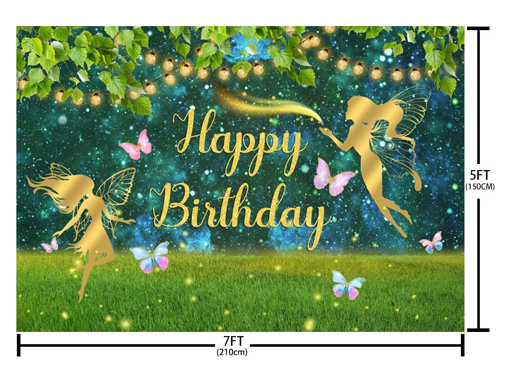 MEHOFOND Fairy Birthday Backdrop - Butterfly Princess Party Decor with Flowers & Grassland Design - 7x5ft Vinyl Photo Background for Cake Table, Studio & Photo Booth - Perfect for Girls' Birthday Parties, Baby Showers & Fairy-Themed Events