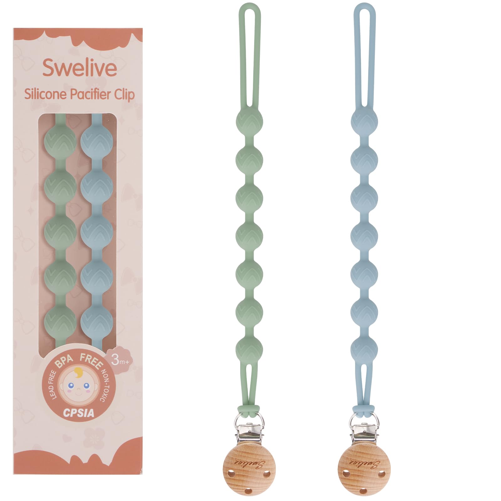 2 Pack Wooden Pacifier Clips for Baby Boys & Girls - One-Piece Binky Holder Clips with Natural Design - Perfect Baby Shower Gift & Birthday Present - Ideal for Strollers, Car Seats & Daily Use (Sage+Ether)