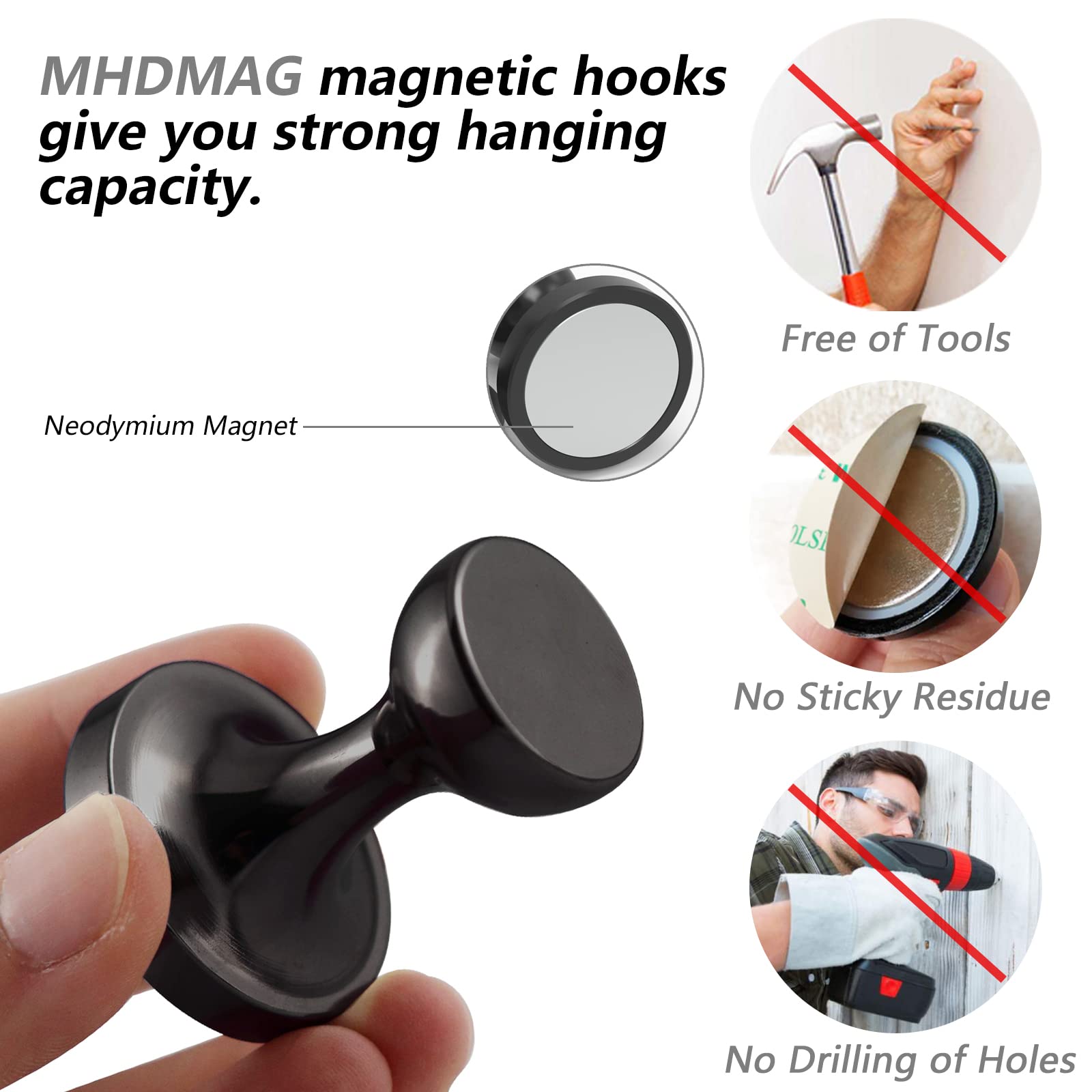 Heavy Duty Magnetic Hooks with Neodymium Magnets - 8 Pack Strong Coat Hangers for Jackets, Bags, Keys & More - Perfect for Home, Office, Travel & Workplace Organization (D36 Black-8)