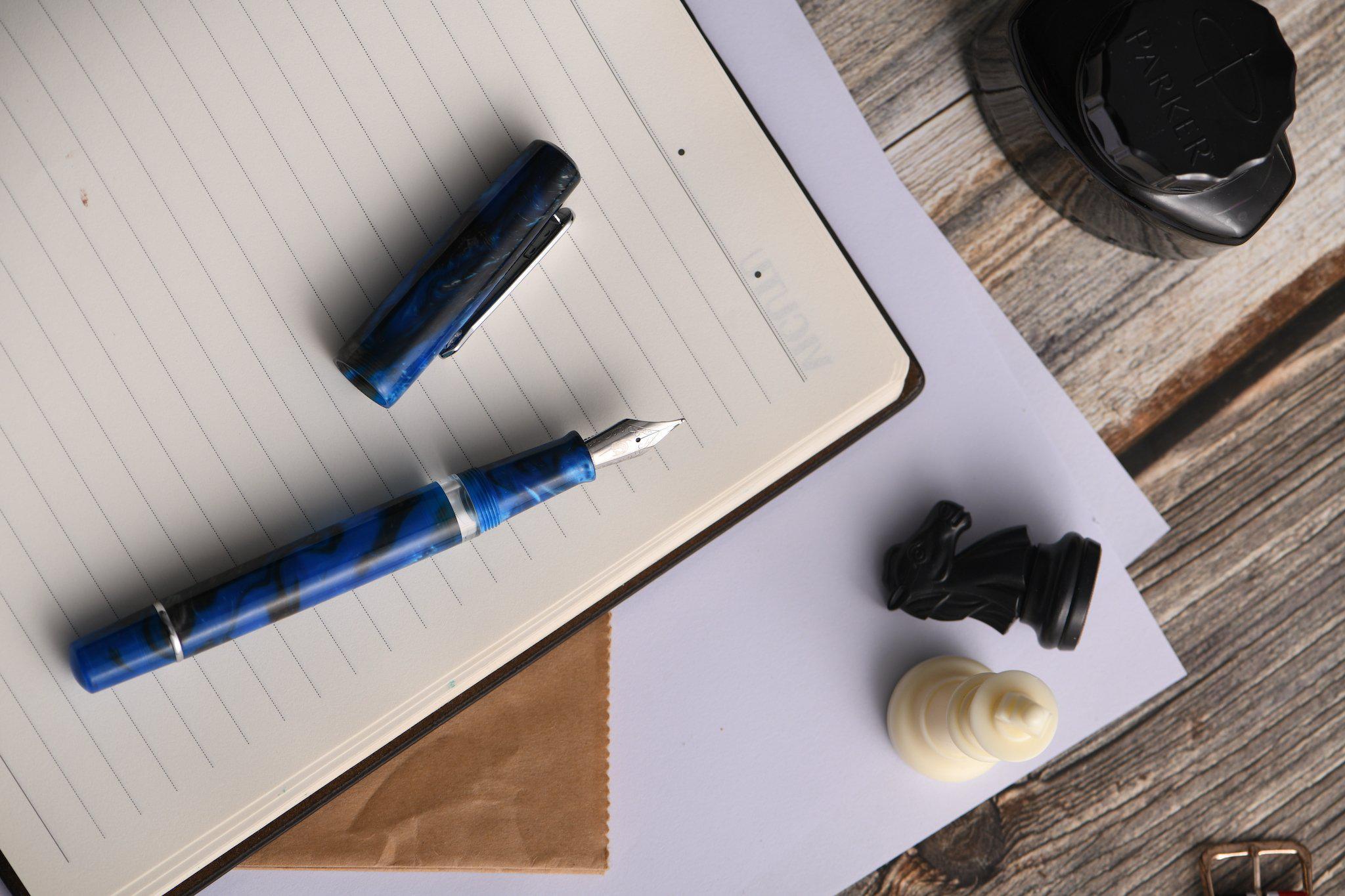 Premium Nahvalur (Narwhal) Schuylkill Marlin Blue Fountain Pen with Leather Pen Sleeve - Elegant Writing Instrument for Professionals, Collectors & Gift Giving