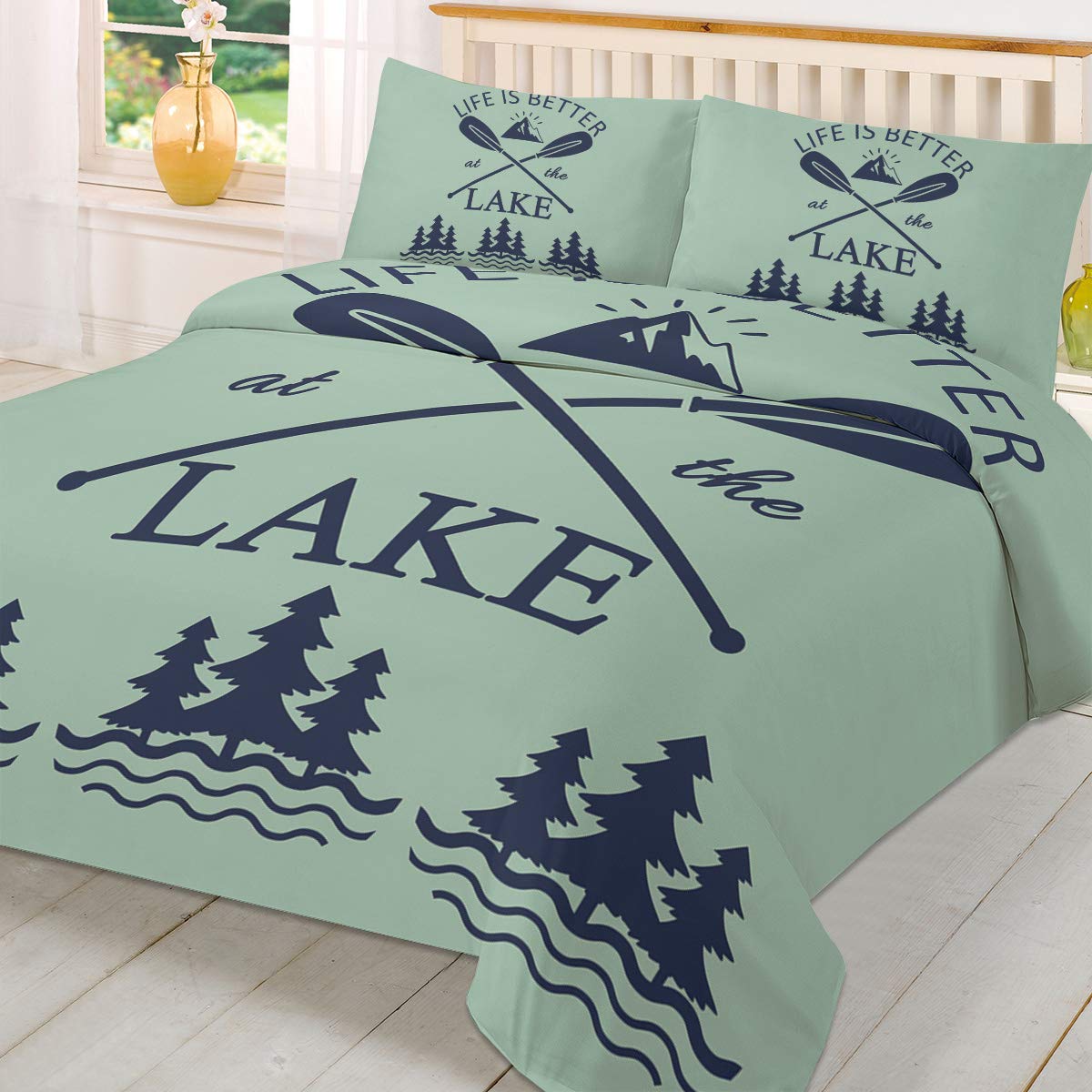 ALAGEO 3-Piece Duvet Cover Set - Life is Better at The Lake Pine Forest & Oars Design - Soft Washable Full/Queen Comforter Cover with Pillowcases - Perfect for Lakeside Cabins, Rustic Bedrooms & Cozy Retreats