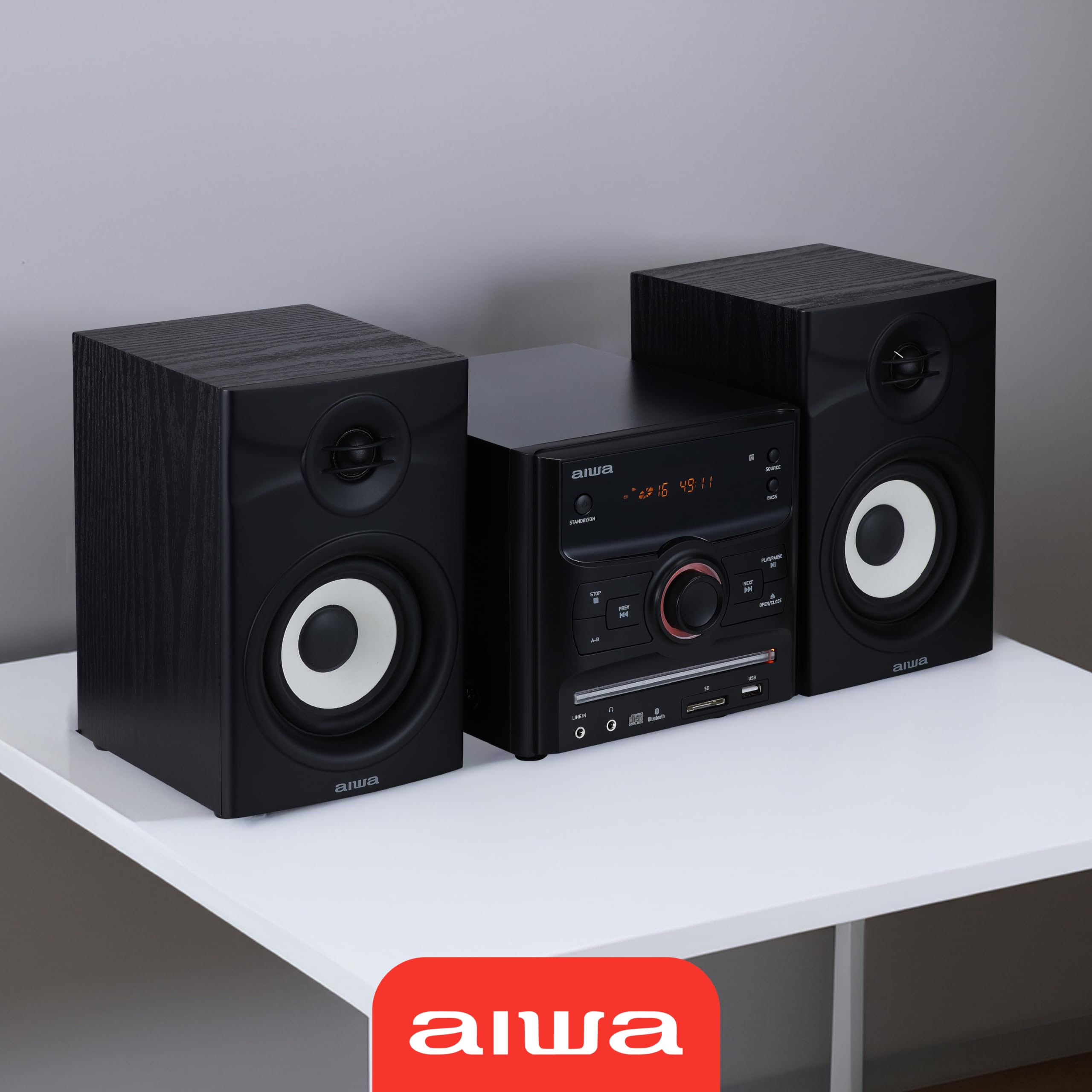 Aiwa 60W Bluetooth Stereo System with Bookshelf Speakers - CD Player, FM Radio, USB/AUX Input, Hi-Fi Sound for iPhone, Android, Tablet & PC - Perfect for Bedroom, Office and Home Entertainment