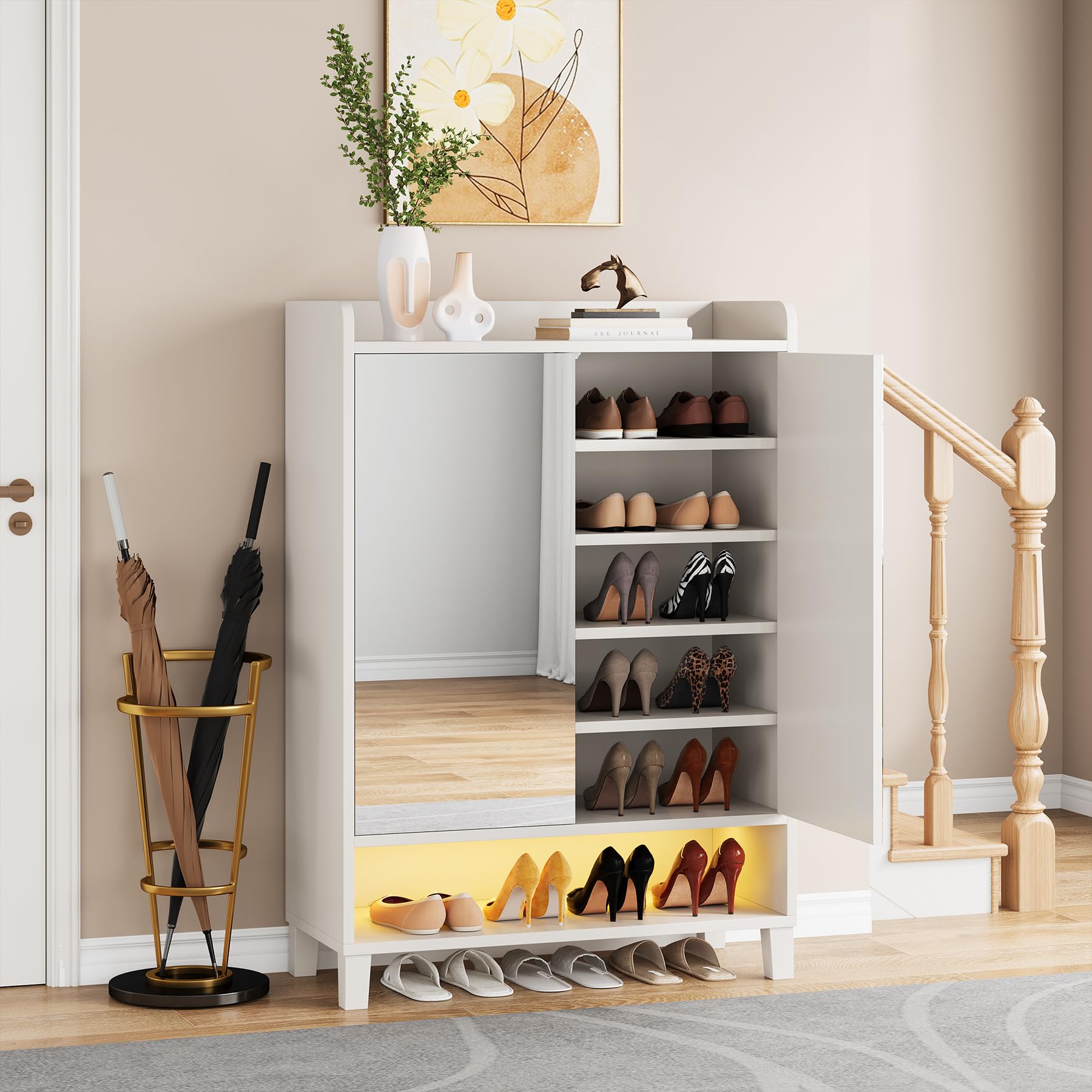 7-Tier Shoe Cabinet with Mirrored Door & LED Light - Adjustable Shelf Freestanding Shoe Storage Organizer for Entryway, Hallway - Modern White Shoe Rack for Home, Apartment, Dorm Organization