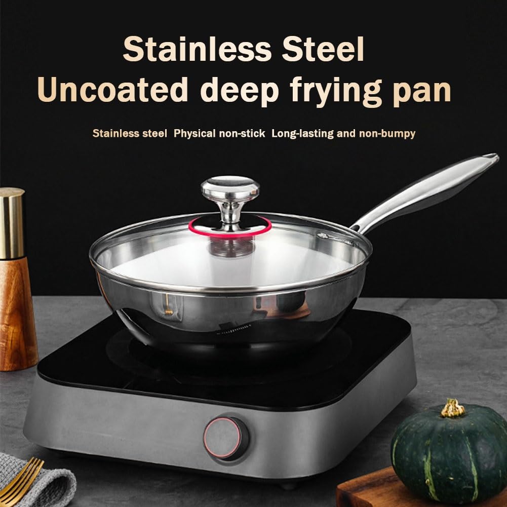 XUHONGYA 26cm Stainless Steel Non-Stick Wok Pan with Lid - Dishwasher & Oven Safe - Induction Compatible - Perfect for Stir-Frying, Sautéing & Deep Frying - Home & Restaurant Use