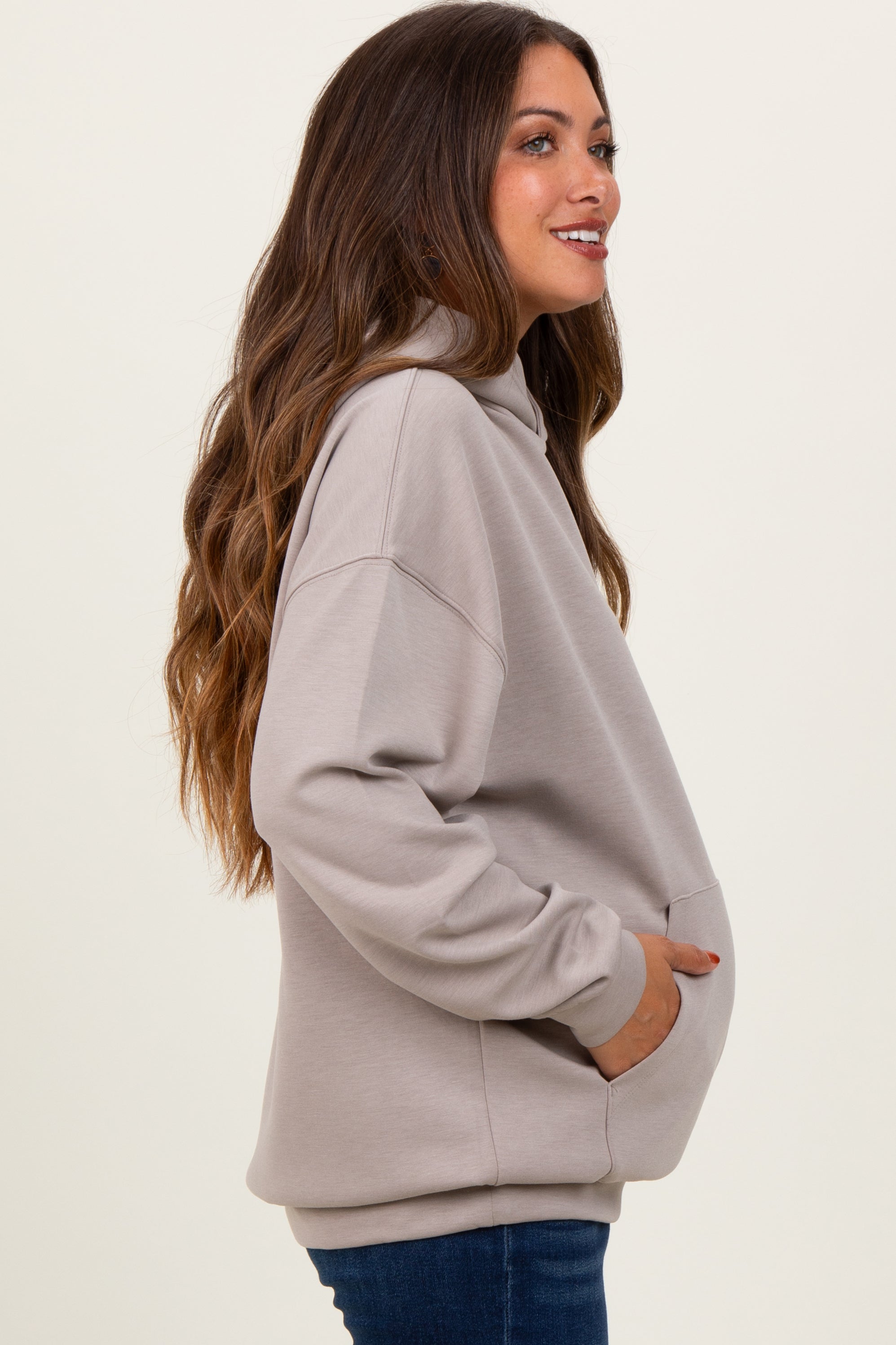 Soft Beige Maternity Hoodie Sweatshirt for Pregnant Women - Cozy Pullover with Kangaroo Pocket - Perfect for Casual Wear, Nursing, and Pregnancy Comfort