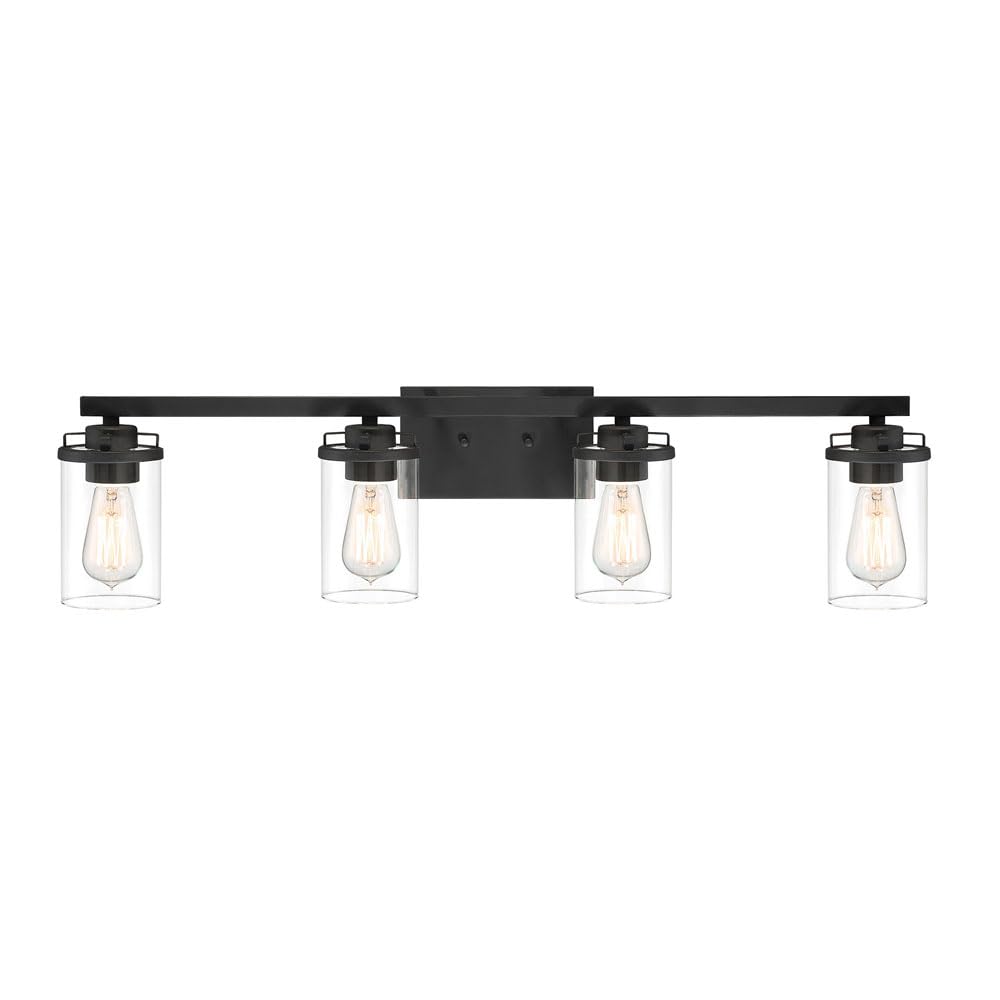 Designers Fountain 93304-BK Jedrek 4-Light Bathroom Vanity Light Fixture - Black Finish with Clear Glass Shades for Modern Bathroom & Powder Room Lighting