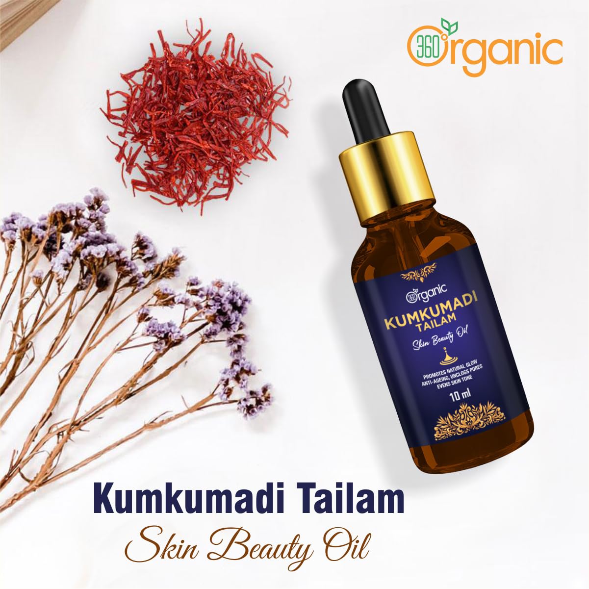 Organic Kumkumadi Oil 10ml - 360° Skin Nourishment for Glowing Complexion | Perfect for Nighttime Skincare & Anti-Aging Routine