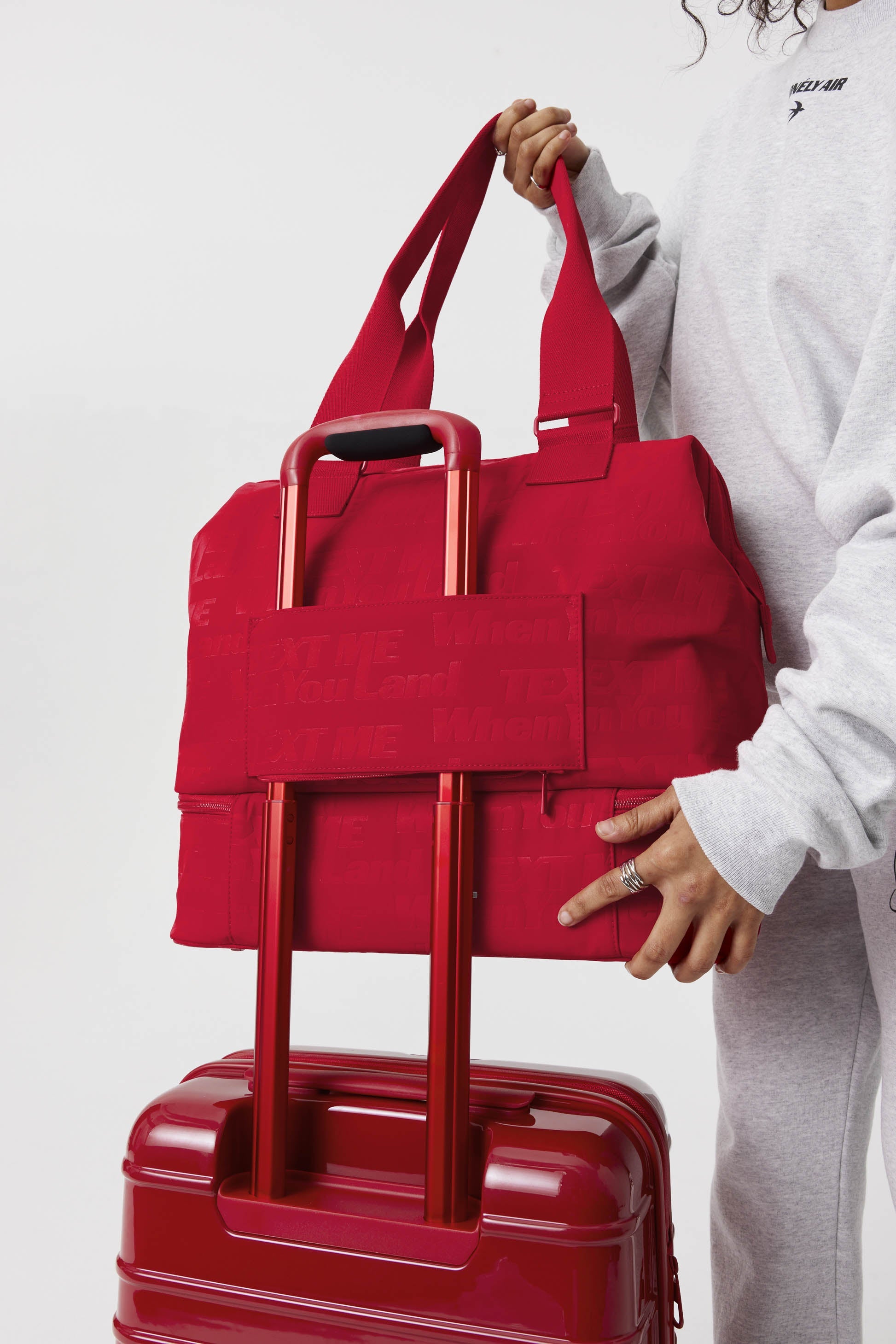Mini Weekender Bag in Text Me Red - Stylish & Compact Travel Duffel for Weekend Getaways, Gym, or Overnight Trips
