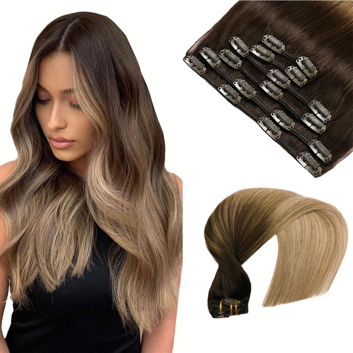 VINBAO 16 Inch Clip in Human Hair Extensions - 100g 6pcs Remy Hair Dark Brown to Dirty Blonde Balayage Straight Thick Hair Wefts (#2/6/18) | Perfect for Daily Styling, Parties & Special Occasions