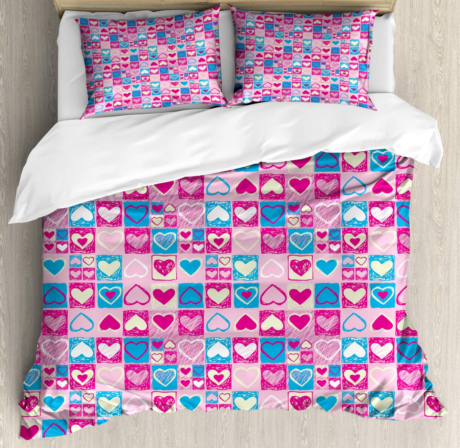 Ambesonne Love Duvet Cover Set - Queen Size 2-Pack with 2 Duvet Covers & 4 Pillowcases, Pink Blue Cream Doodle Sketchy Hearts in Squares Romantic Design - Perfect for Girls' Bedroom, Valentine's Day Gift or Couples' Romantic Decor