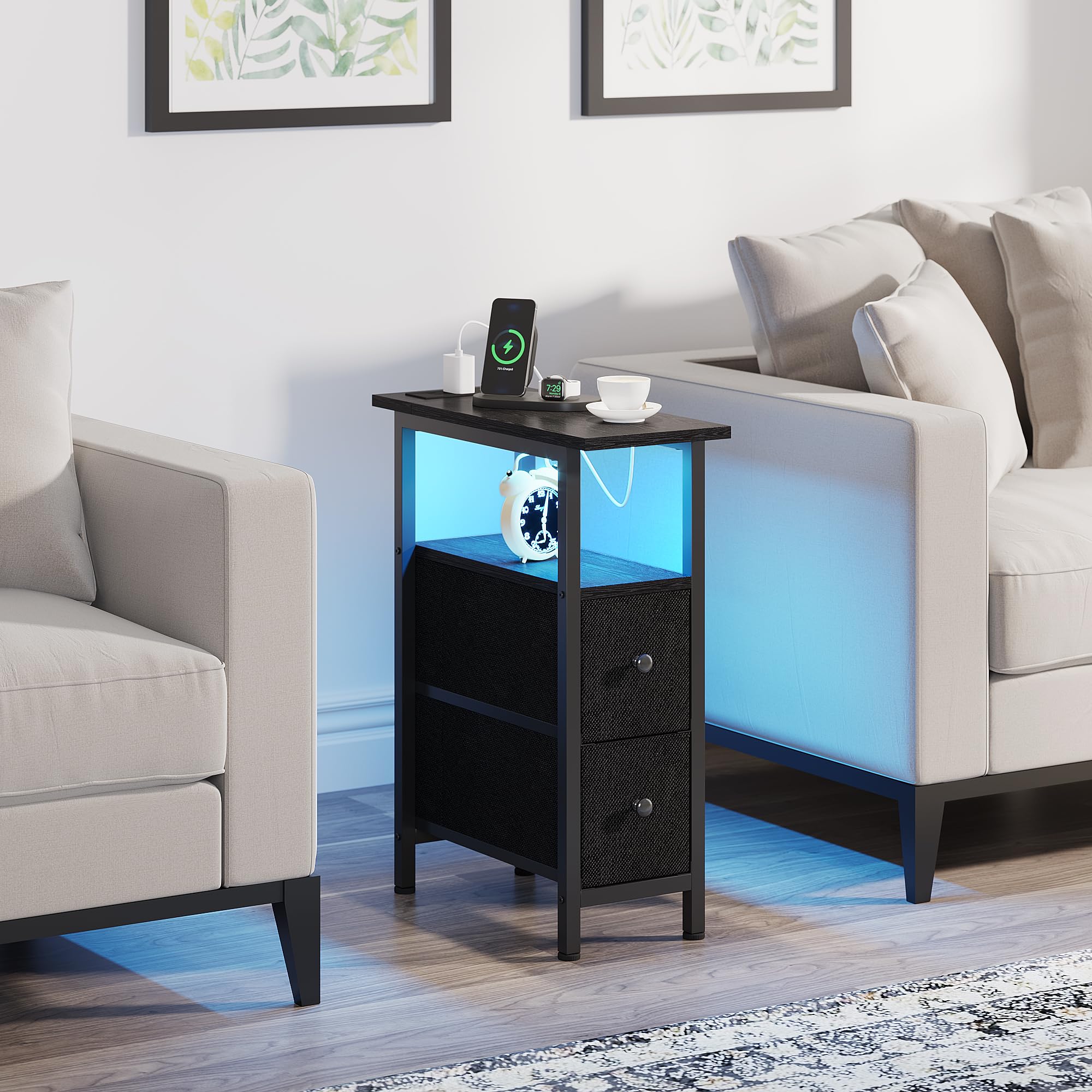 Slim Narrow End Table with USB Charging Station & LED Light - 2 Fabric Drawers Nightstand for Bedroom, Living Room - Space Saving Small Side Table for Apartments, Dorms (Black) | Perfect for Bedside Organization & Modern Home Decor