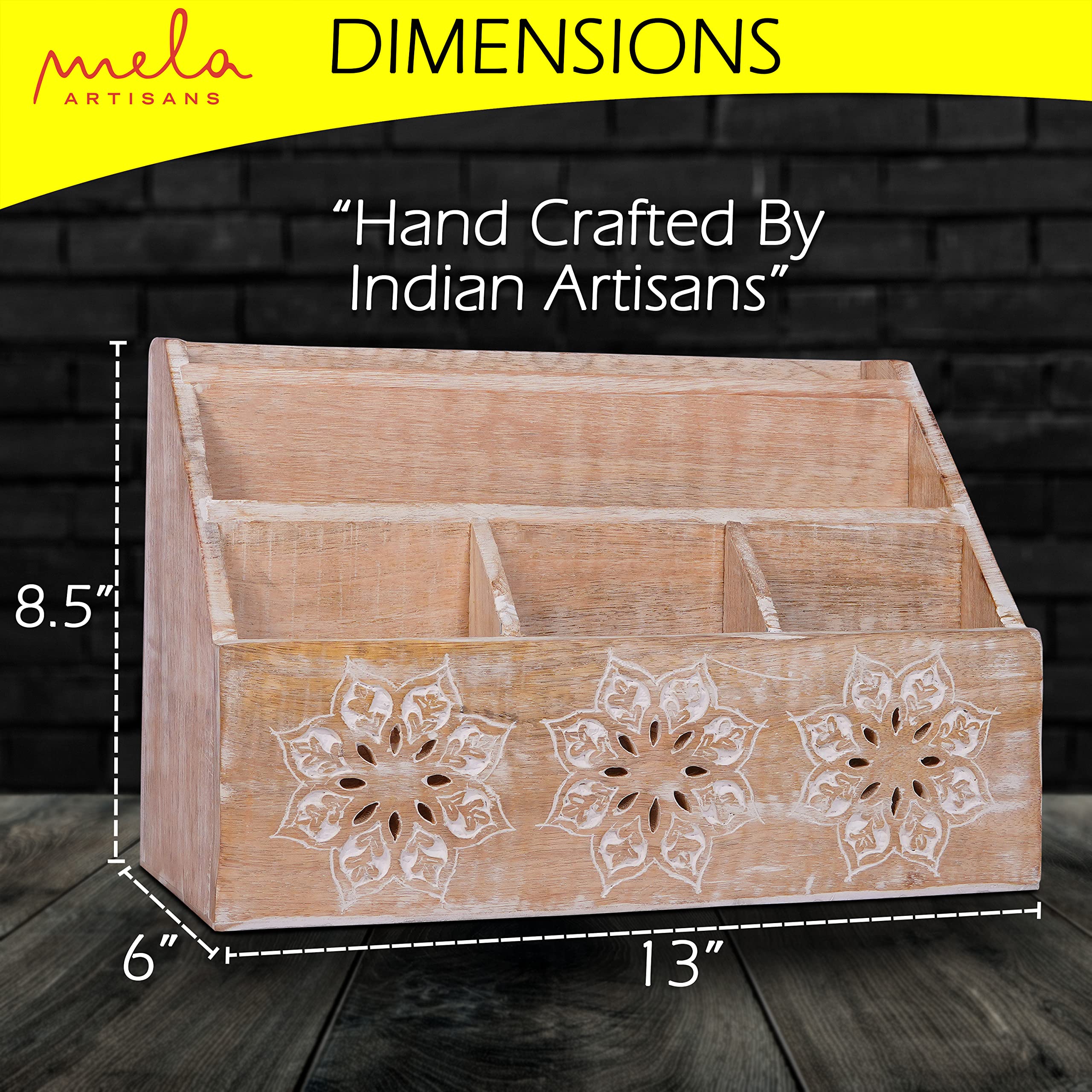 Mango Wood Mail Holder - 5 Compartment Desk Organizer for Home & Office - Rustic Farmhouse Decor