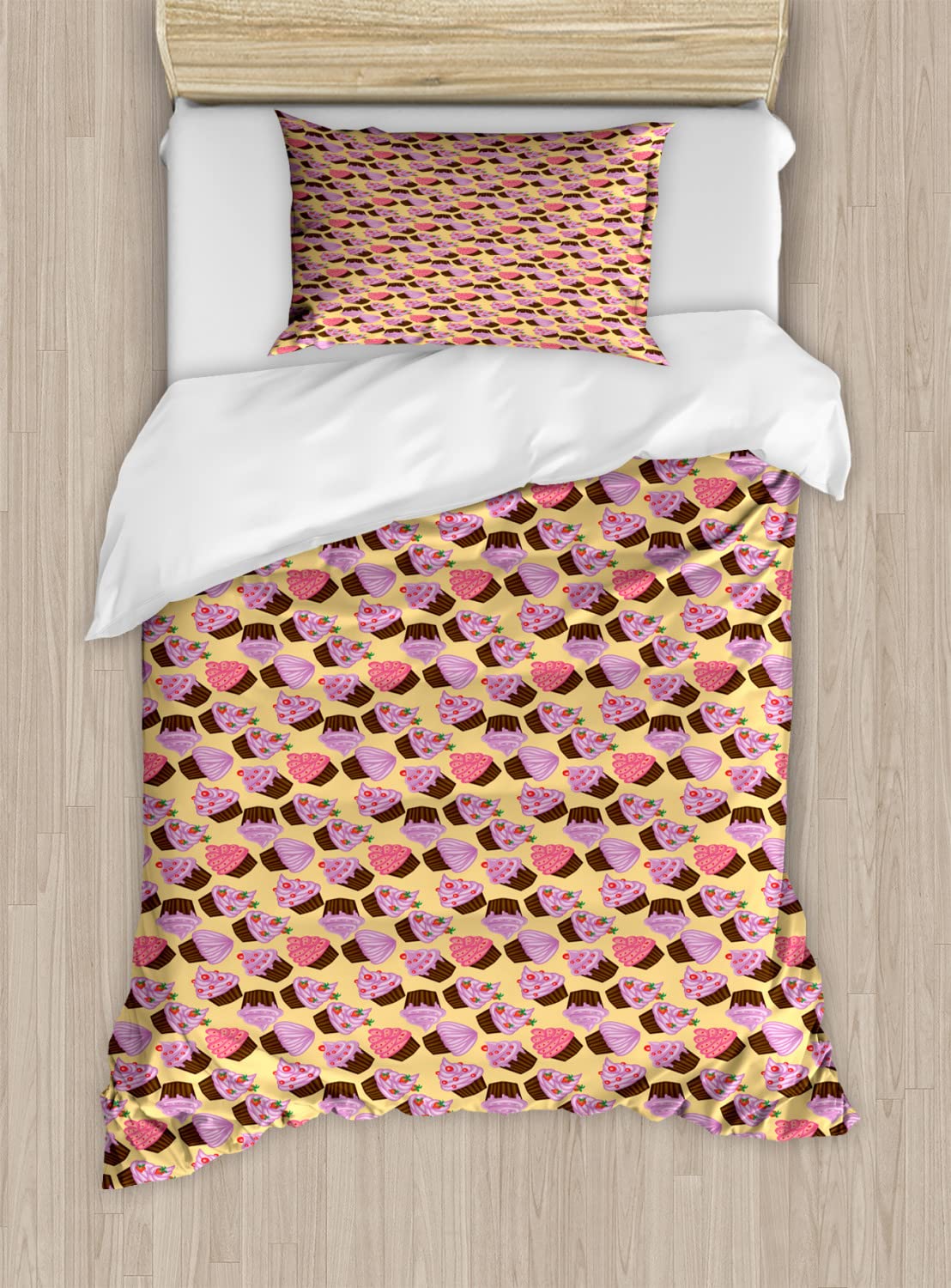 Ambesonne Cupcake Duvet Cover Set - 2 Pack Queen Size with 4 Pillowcases | Appetizing Pastry & Cream Cake Design in Fuchsia, Yellow & Brown | Perfect for Birthday Celebrations, Bedroom Decor & Gift Ideas