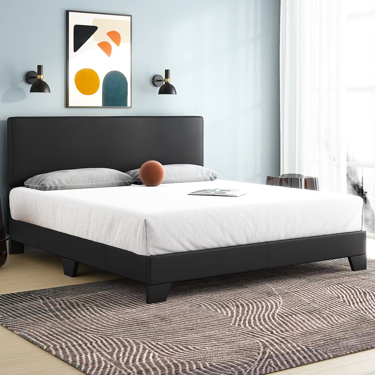 King Size Platform Bed Frame with Upholstered Headboard - Adjustable Height 32.3'' to 34.3'', Wood Slat Mattress Foundation, No Box Spring Needed, Black - Perfect for Modern Bedrooms & Guest Rooms