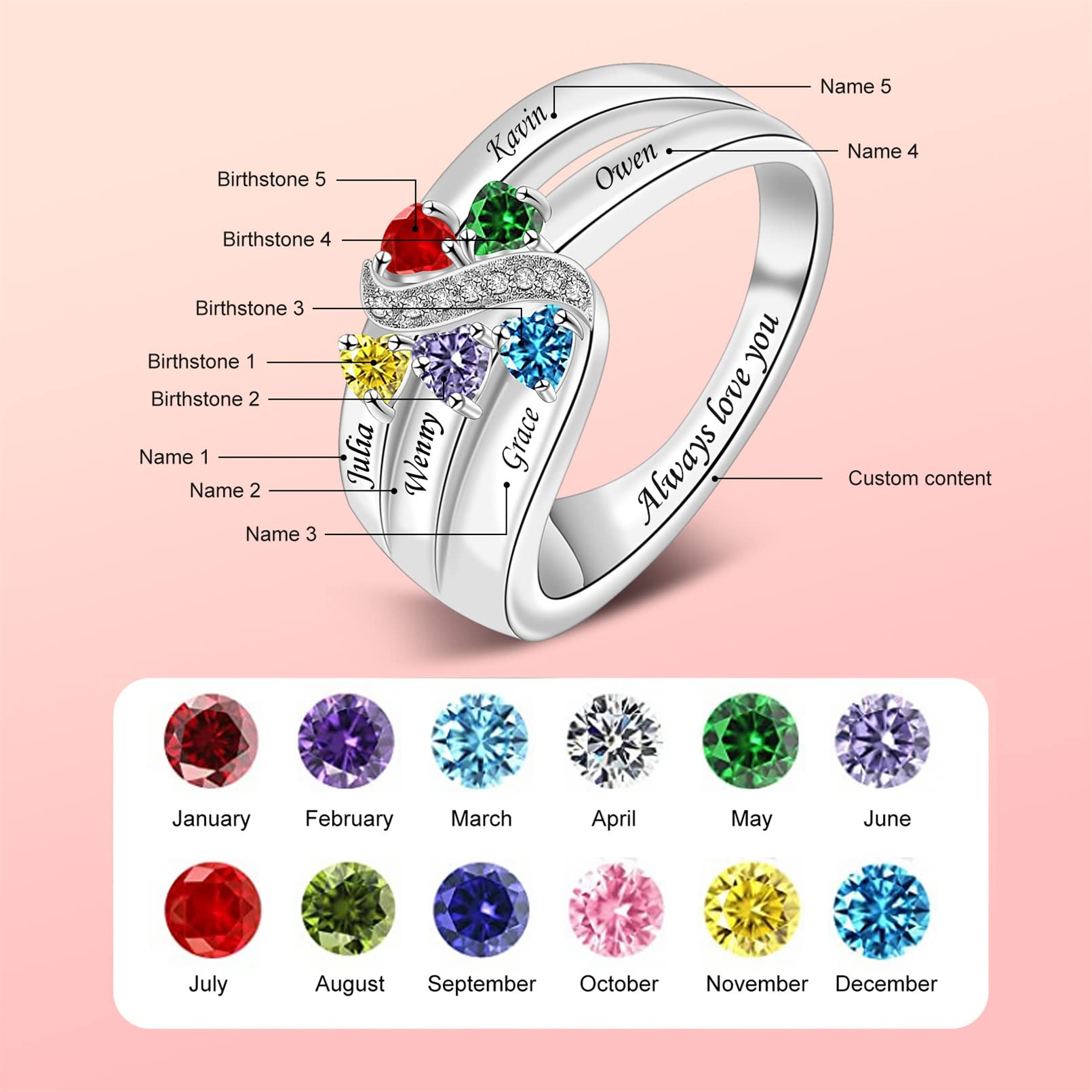 Personalized Mothers Ring with 1-6 Birthstones | 925 Sterling Silver Custom Engraved Mom Ring | Family Jewelry Gift for Women, Wife, Grandma | Perfect for Mother's Day, Birthday, Anniversary & Special Occasions
