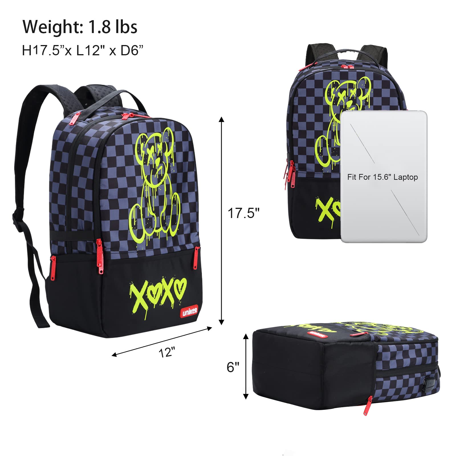 UNIKER Anti-Theft USB Charging Laptop Backpack for Men & Women - 15.6 Inch Waterproof Graffiti School Backpack with USB Port - Stylish Work & College Backpack (Black Bear Design) - Perfect for Office, Travel & Daily Commute