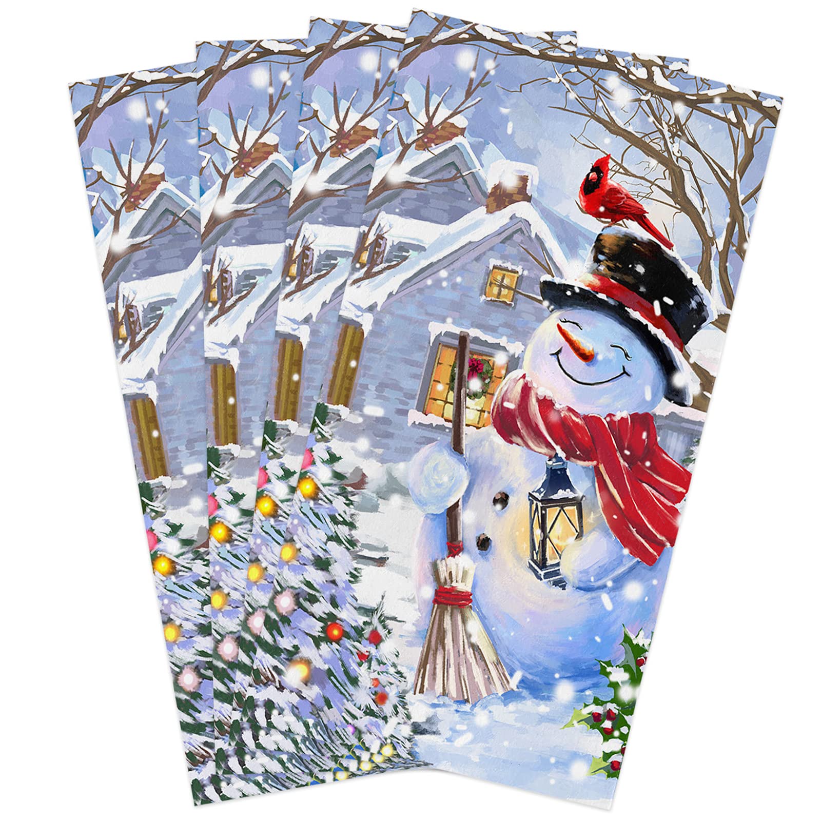 Premium Christmas Kitchen Towels Set of 4 - 18x28 Inch Super Soft Absorbent Cotton Dish Cloths with Festive Xmas Tree & Snowman Designs - Perfect for Holiday Cooking, Baking, Dish Drying, Bar Cleaning and Home Decor