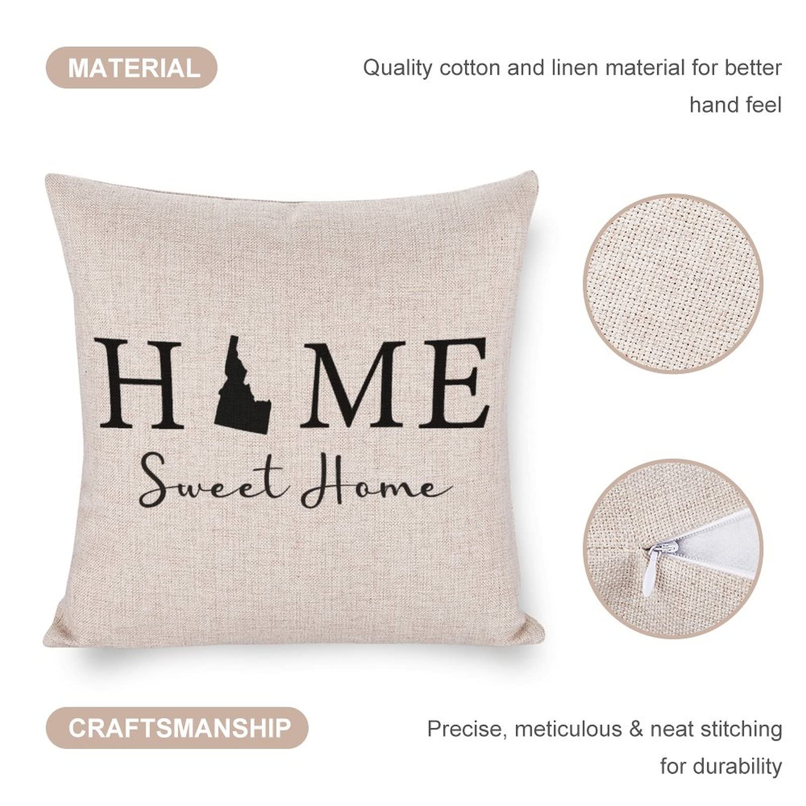 Idaho State Map Farmhouse Pillow Covers 16x16 Inch - Linen Throw Pillowcase for Couch, Sofa & Bed Decor - Home Sweet Home Decorative Cushion Cover (Perfect for Living Room, Bedroom & Farmhouse Style Decor)