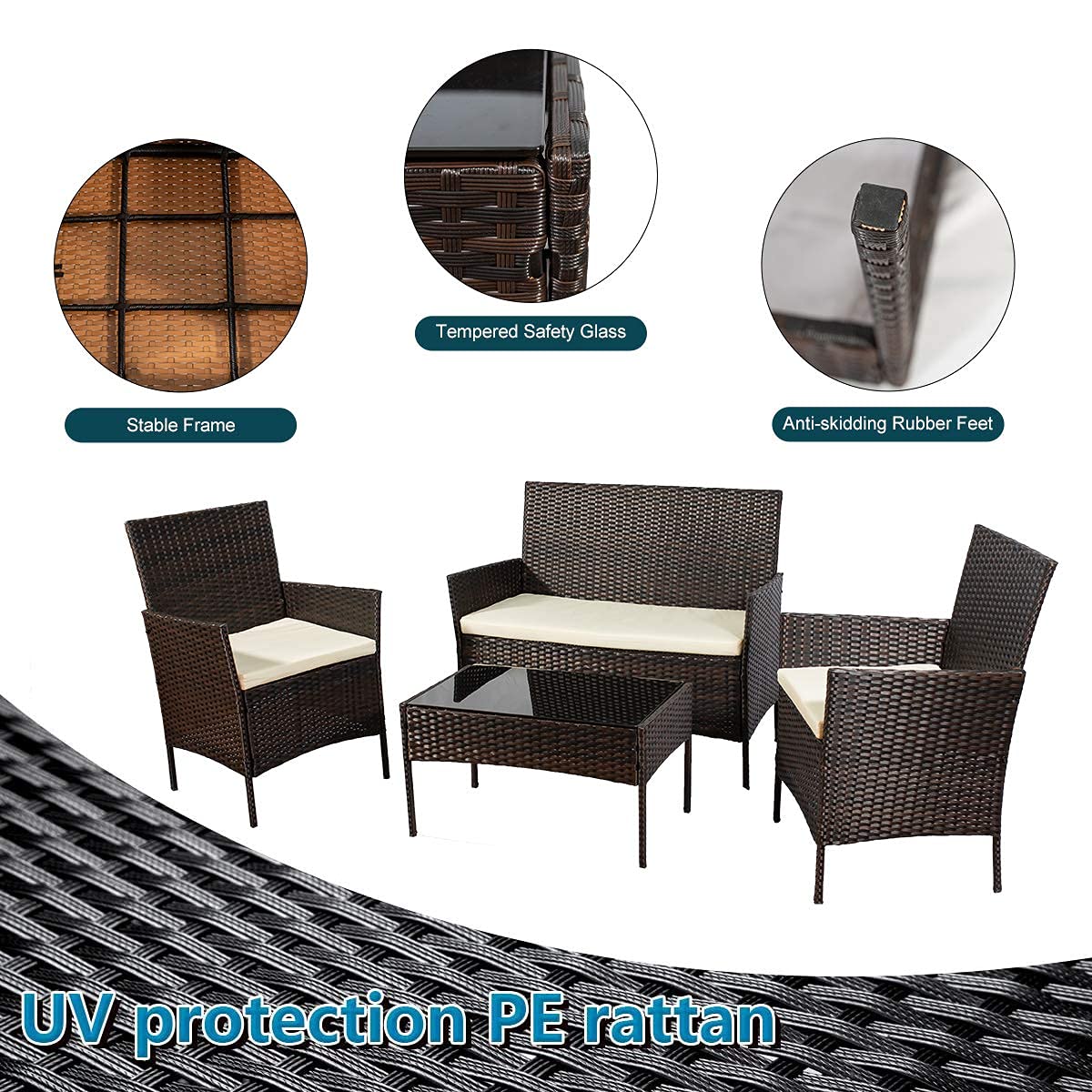 4-Piece Outdoor Rattan Wicker Patio Furniture Set with Tempered Glass Table - Brown Rattan Sofa and Chairs for Backyard, Poolside, Garden, and Patio Conversation Areas