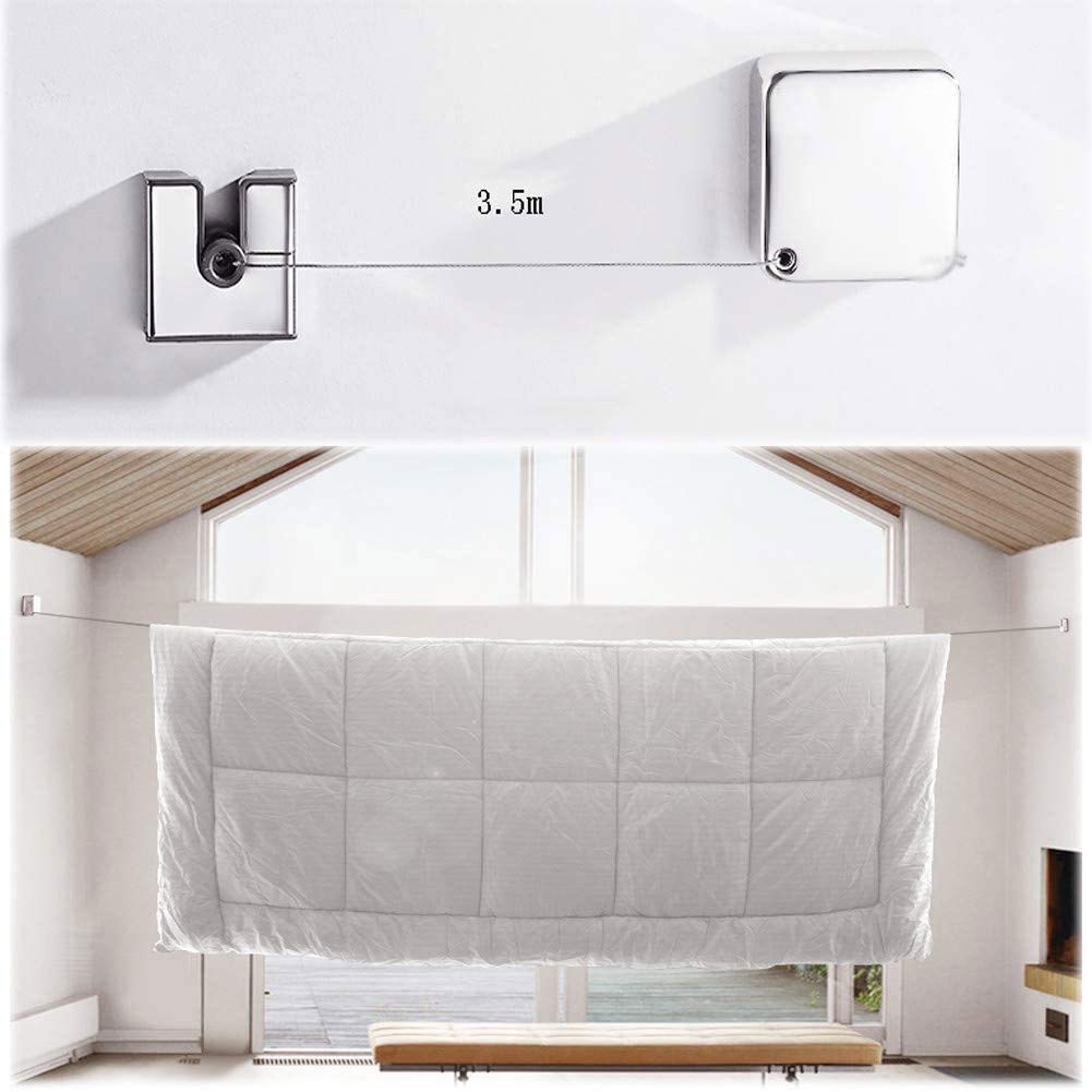Retractable Clothesline for Indoor & Outdoor Use - Wall Mounted Adjustable 3.5m Long Clothes Drying Rope with Single Washing Line (White) - Perfect for Apartments, Balconies, Laundry Rooms & Camping