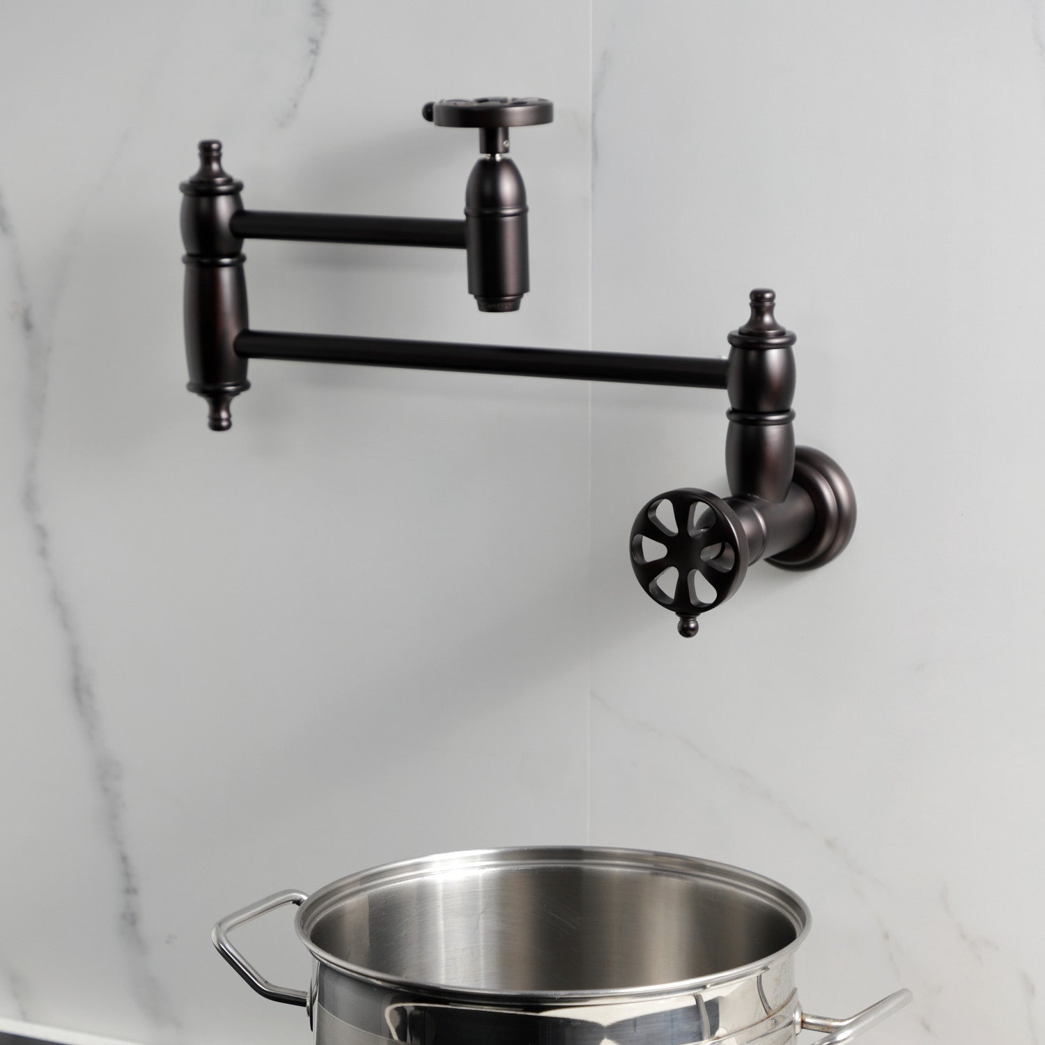 Belknap KS3105RX Oil Rubbed Bronze Wall Mounted Two Handle Pot Filler Faucet - Perfect for Kitchen Sink, Stove & Cooking Area