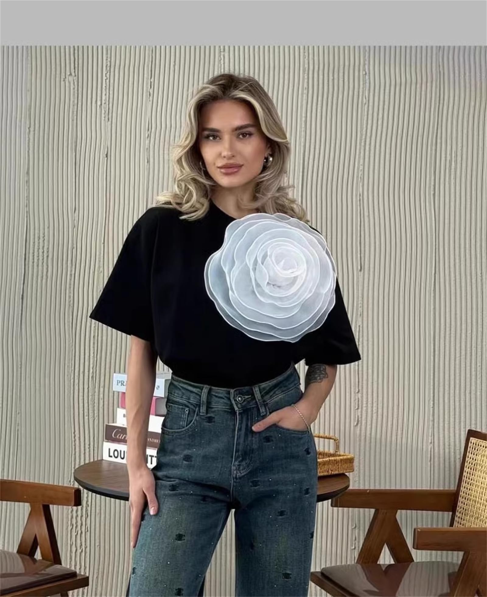 KM2-FLOWER Women's Short Sleeve T-Shirt with 3D Floral Print - Elegant Blouse for Casual Wear, Party & Date Night Outfits