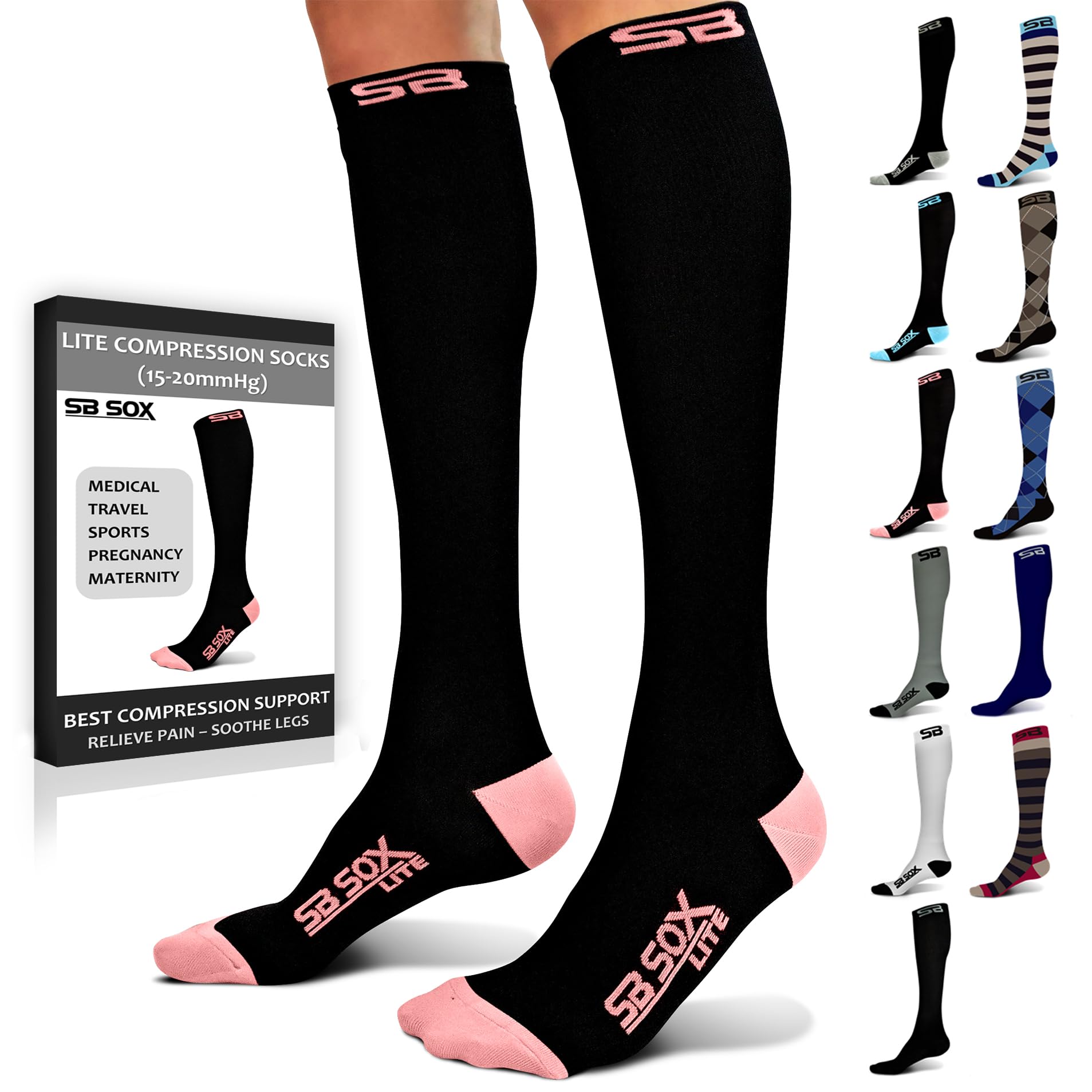 SB SOX Lite Compression Socks for Men & Women (15-20mmHg) – Best Graduated Compression Socks for Travel, Running, Nursing & Varicose Veins Relief – Breathable & Comfortable for Daily Wear – Includes XXL Sizes – Perfect for Athletes, Nurses & Frequent Flyers