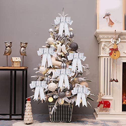 6-Pack Silver Glitter Christmas Ribbon Bows - Elegant Gift Wrapping, Wreath & Wedding Party Decorations - Hanging Ornaments for Holiday, Xmas Tree & Home Decor