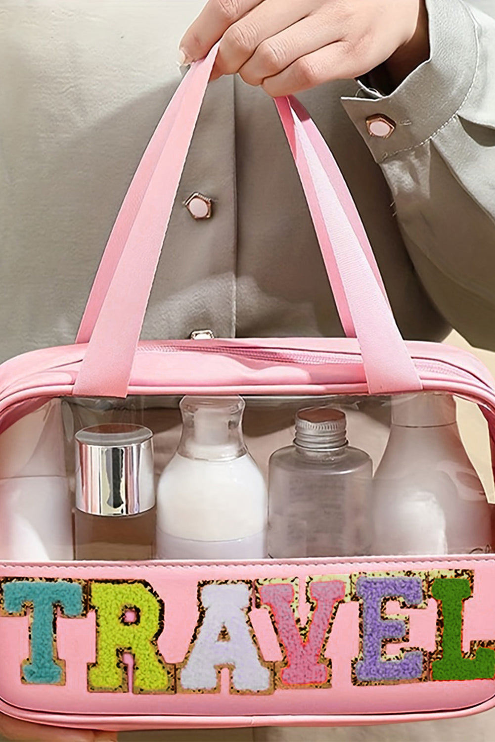 Stylish Chenille Letter Clear PVC Makeup Bag for Travel - Perfect Cosmetic Organizer for Vacation, Gym & Daily Essentials